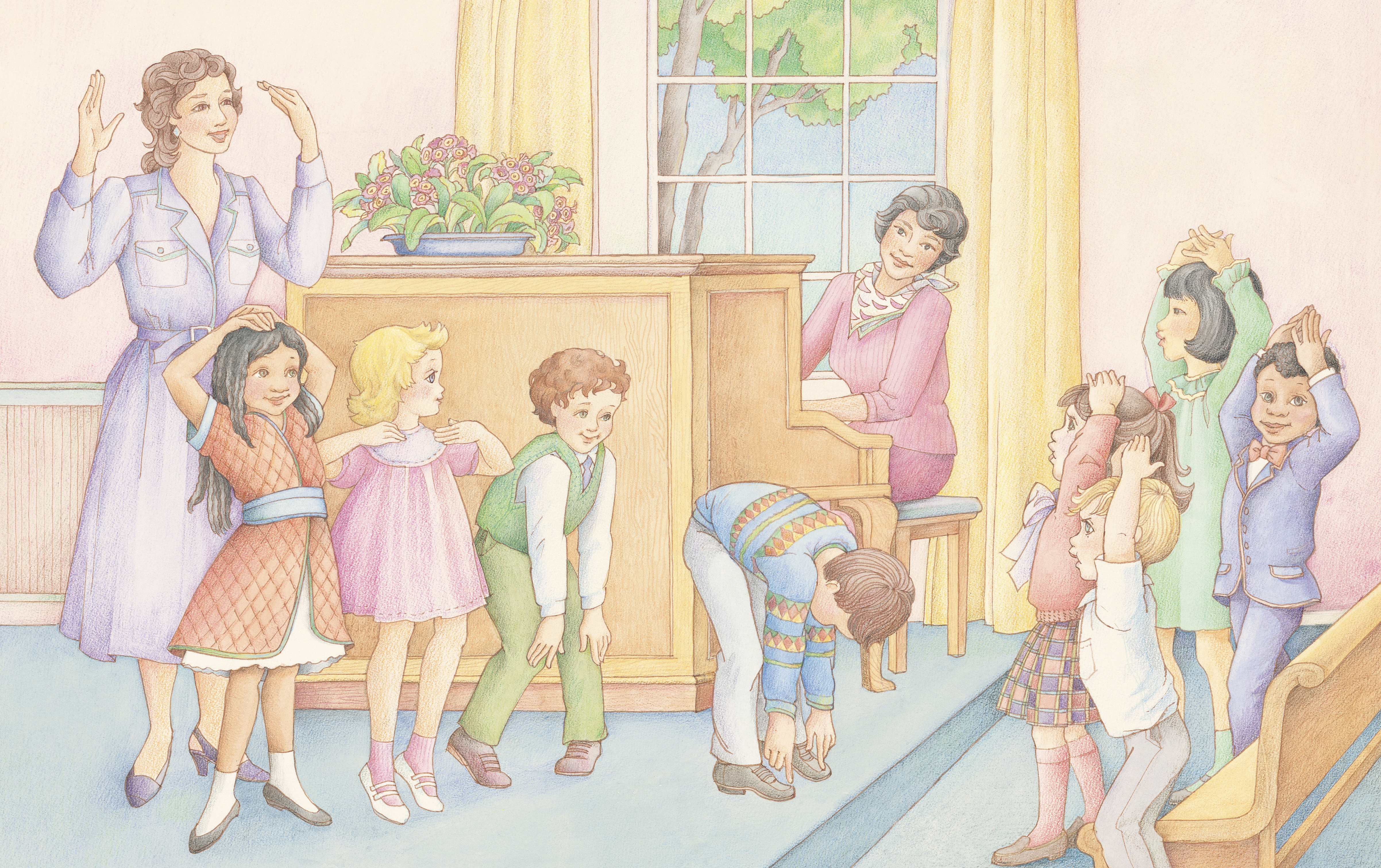 A group of Primary children singing a song and doing the motions together. From the section “Fun and Activity” in the Children’s Songbook, pages 250–251; watercolor illustration by Phyllis Luch.