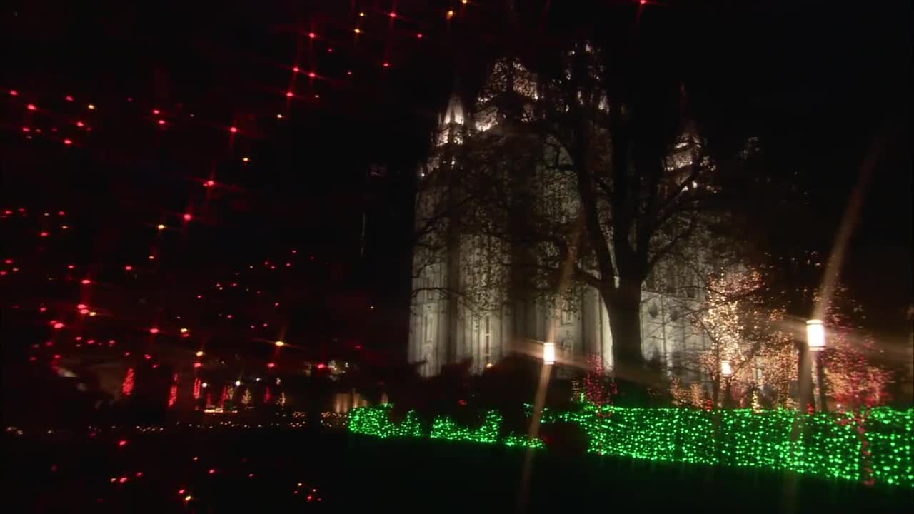 Salt Lake City Temple at night with Christmas lights
