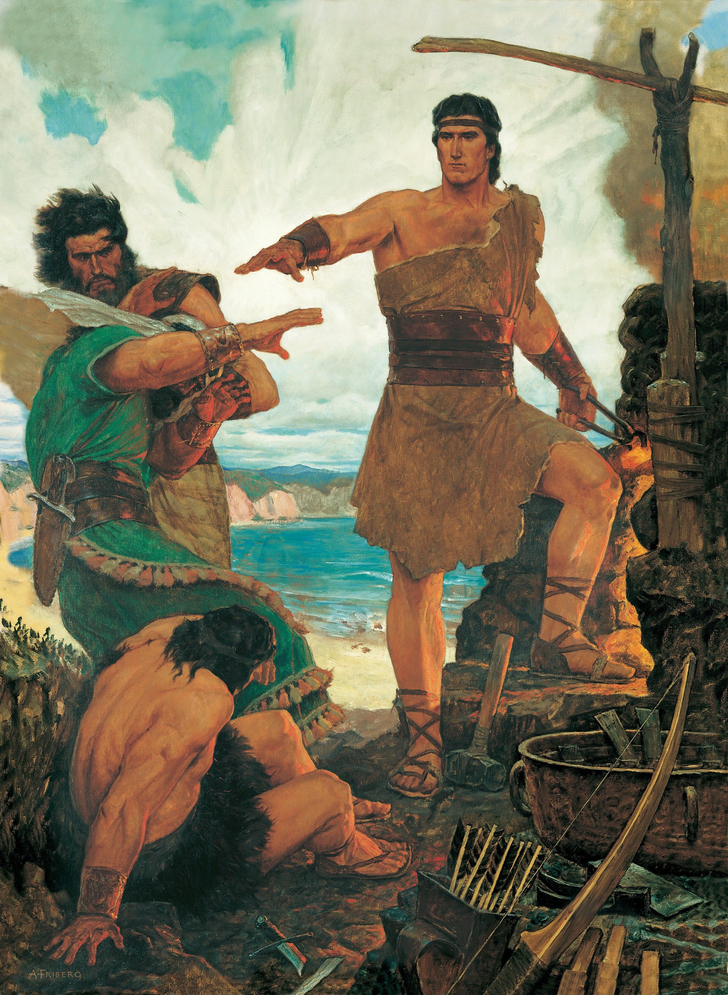 Nephi Subdues His Rebellious Brothers (Nephi Rebuking His Rebellious Brothers), by Arnold Friberg (62044); GAK 303; GAB 70; Primary manual 3-37; Primary manual 4-18; 1 Nephi 17:15–55