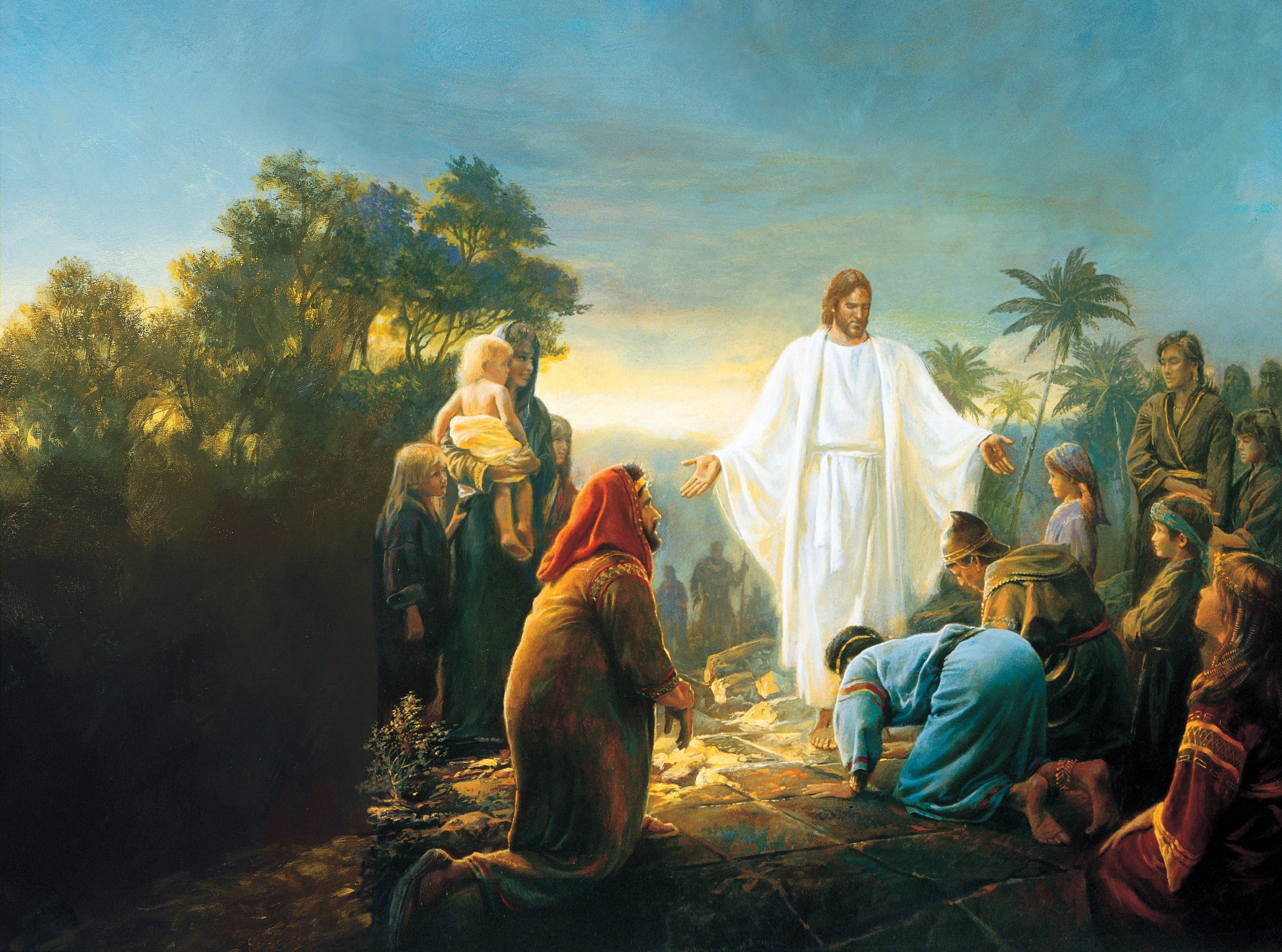 A painting showing Christ visiting the Nephites in the Book of Mormon after his death.