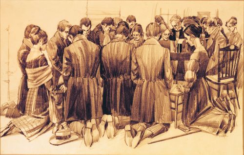 A group of men and women (including Joseph Smith) kneeling in prayer at the organization of the Church.