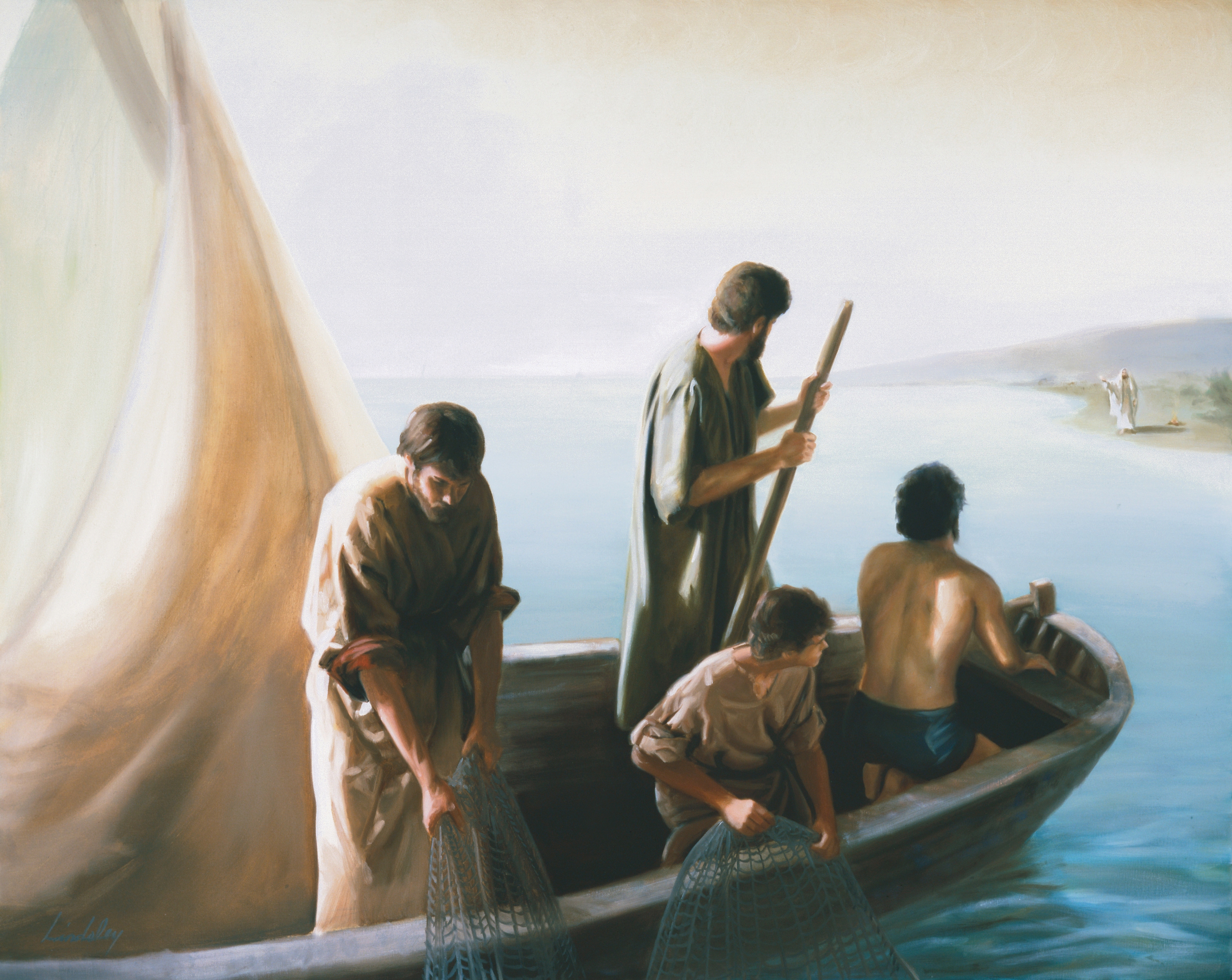 A painting by David Lindsley depicting four of the original twelve apostles in a small fishing boat on the Sea of Tiberias.