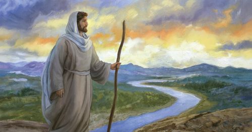 耶稣基督站在山丘上，望向河面