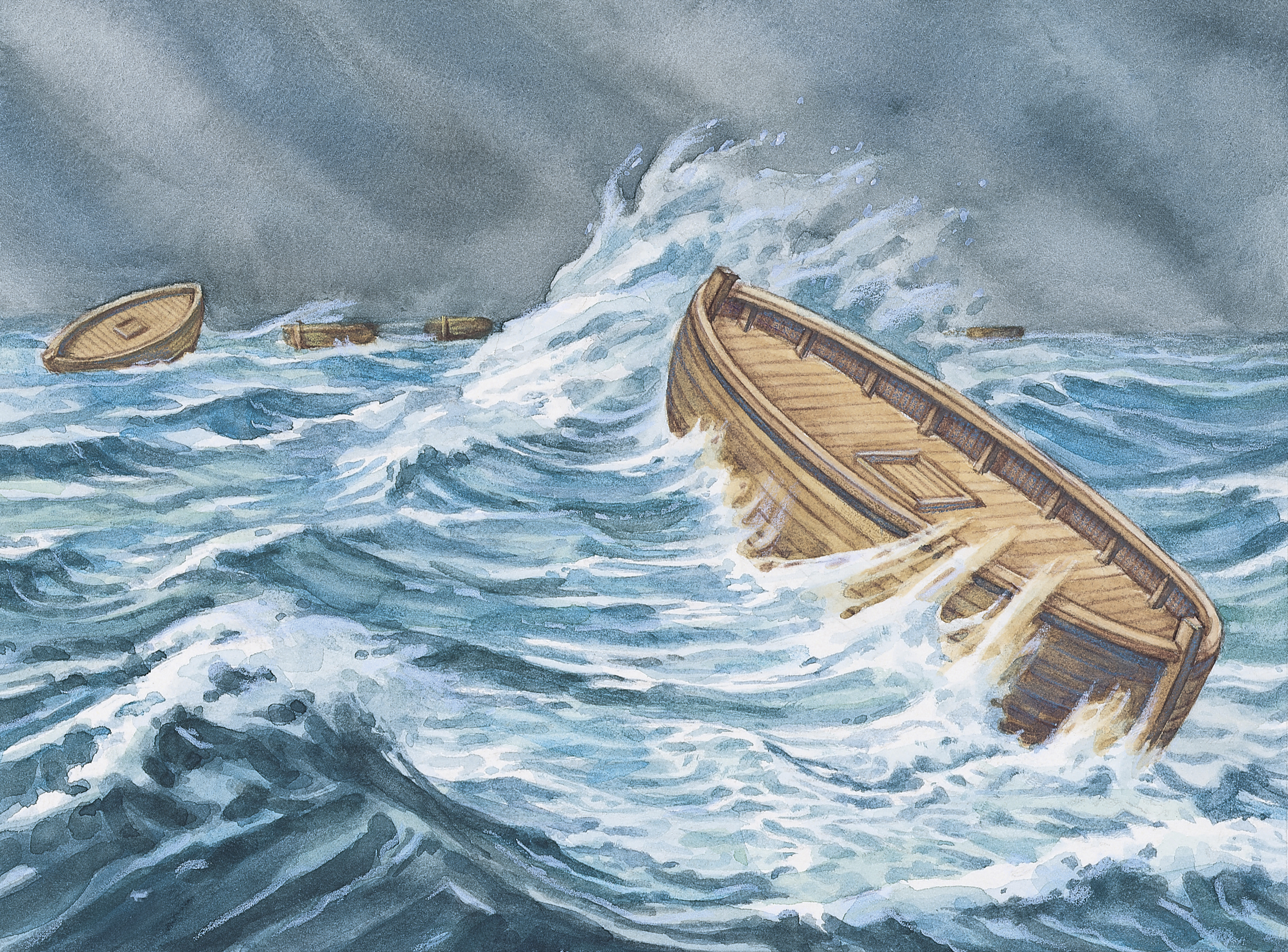 A painting by Robert T. Barrett depicting the Jaredite barges; Primary manual 1-69; Primary manual 4-53