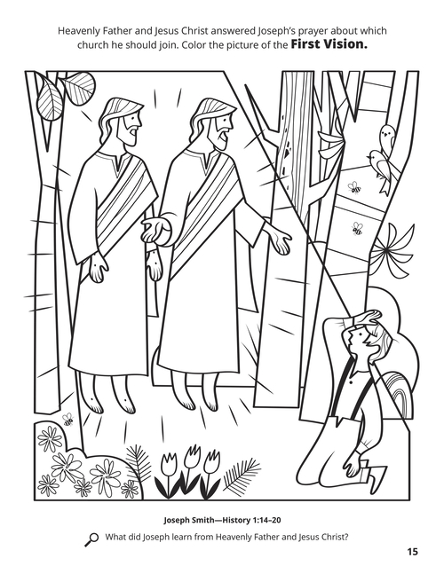 A line drawing depicting Joseph Smith's First Vision.