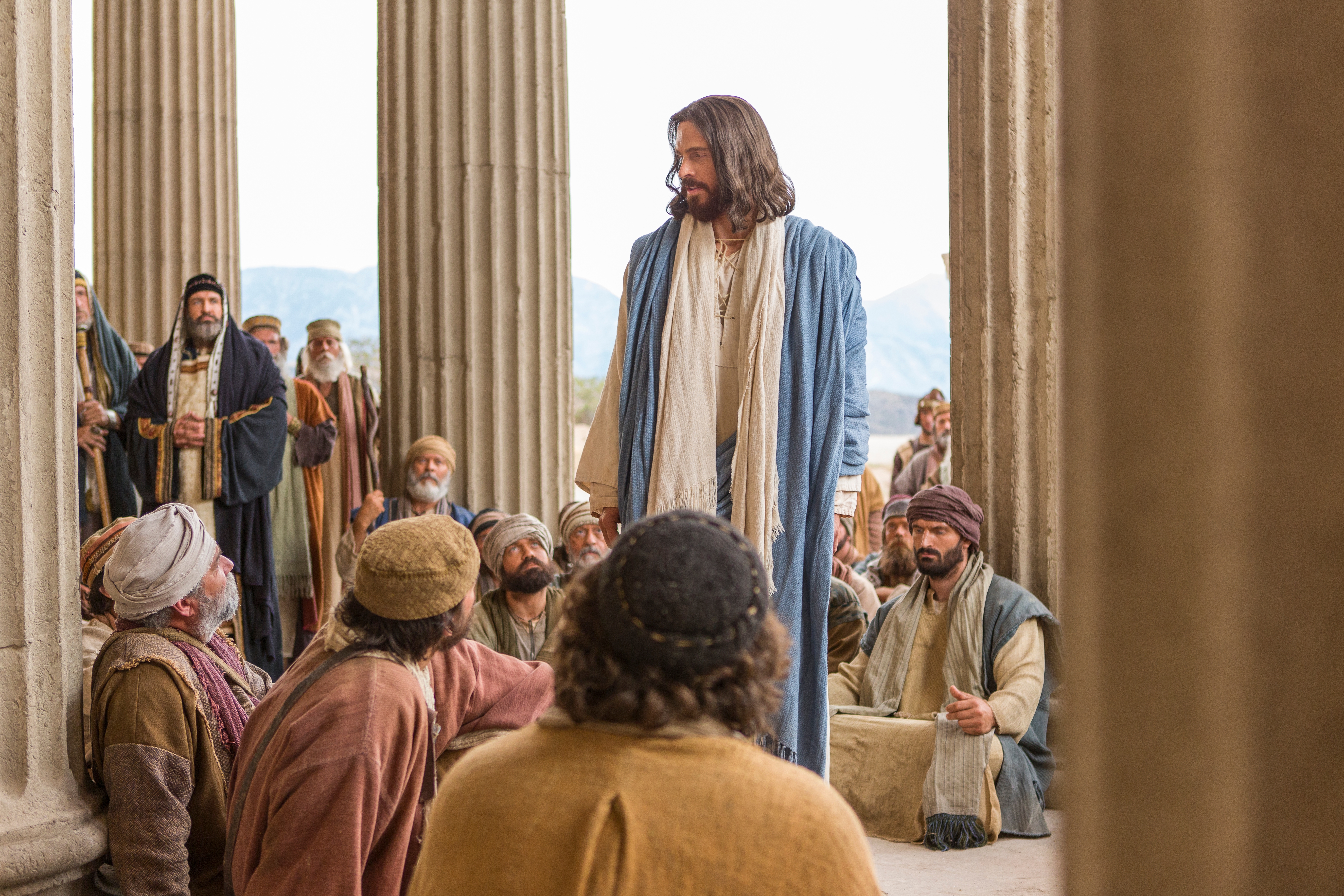 Jesus Christ is teaching in the temple and being approached by the chief priests, elders and scribes who ask Him the source of his authority.  Christ questions them whether the baptism of John the Baptist was of heaven or of man. Outtakes include closeups of people in the crowd and of Caiaphas.