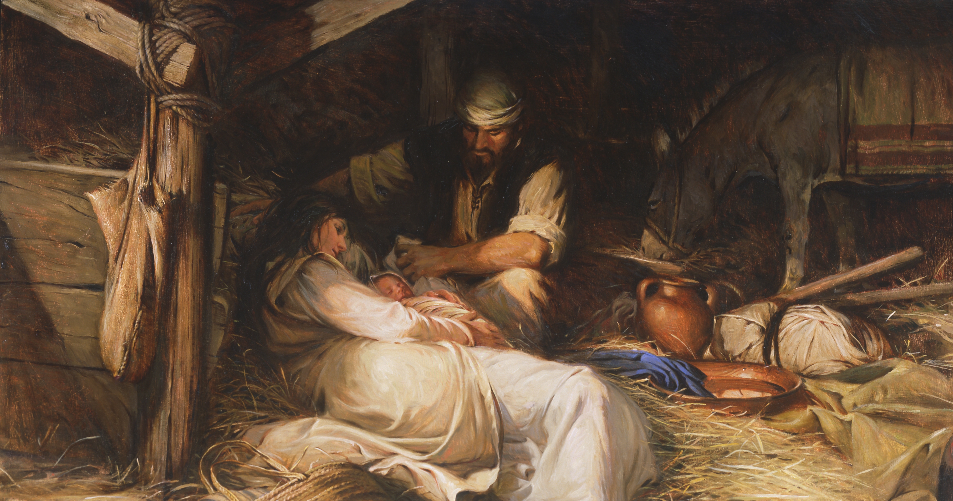 The painting portrays, in the setting of a stable the reclining Mary holding the Christ Chiild shortly after his birth.  Joseph looks on holding cloth in his hand.  There is tender interaction.  To the right a donkey eats straw and several vessels are visible.  To the left is a woven purse-basket and a hay loft.  Light and shade bathe the scene.  Signed Walter Rane on the lower right.  The paitnign was created using live models, objects and the real environment of a barn.  The title of the paintig derives from scriptures found in 1 Nephi 11:14-21 of the Book of Mormon, where Nephi visualizes the Virgin Mary with her son, the Savior.