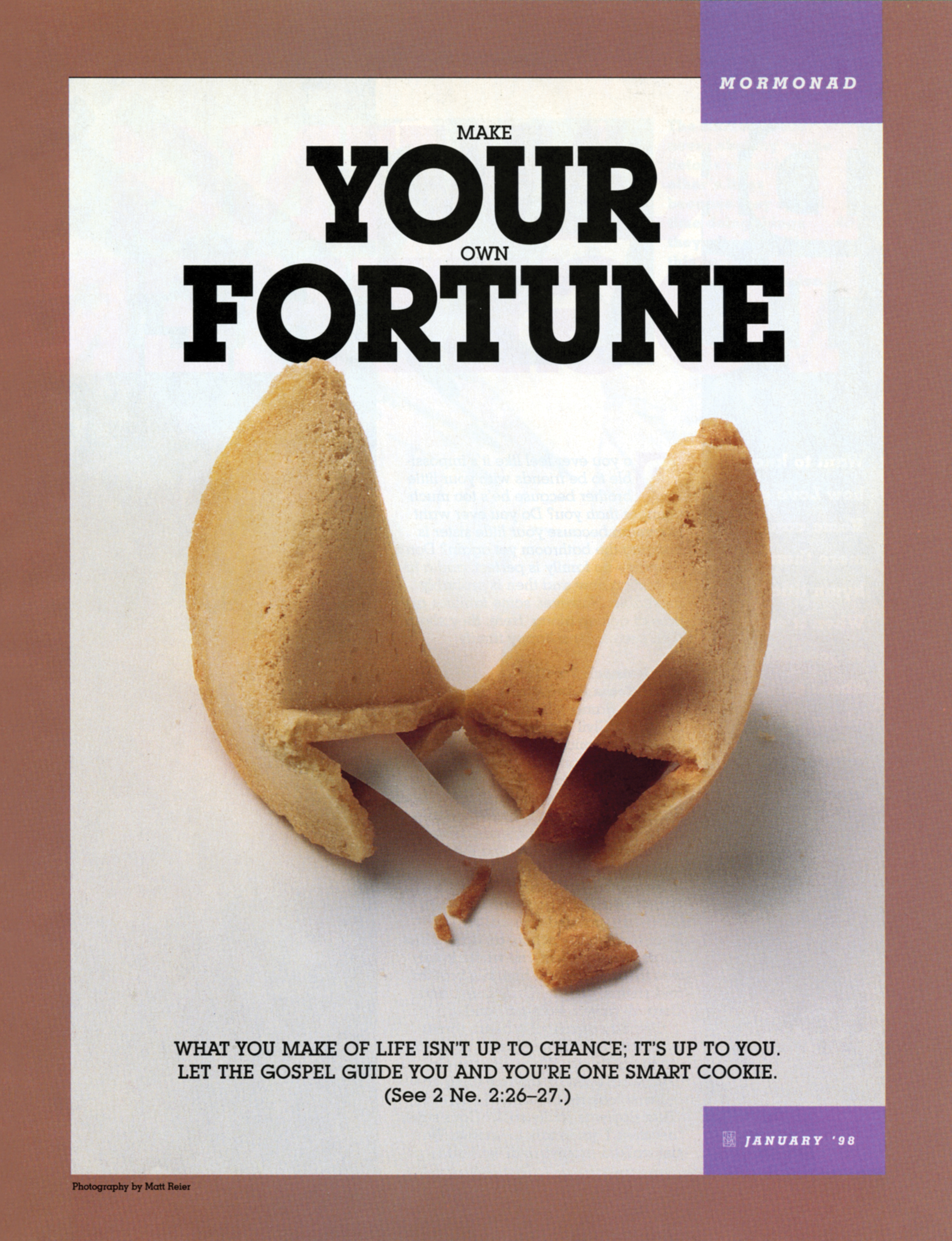 A conceptual image of a broken fortune cookie with a blank slip of paper inside of it, paired with the words “Make Your Own Fortune.”