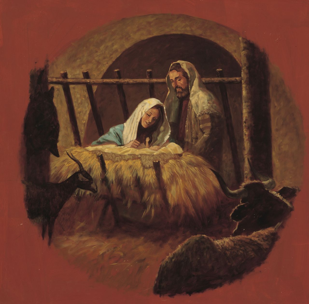 Pintura de María y José arrodillados sobre el pesebre