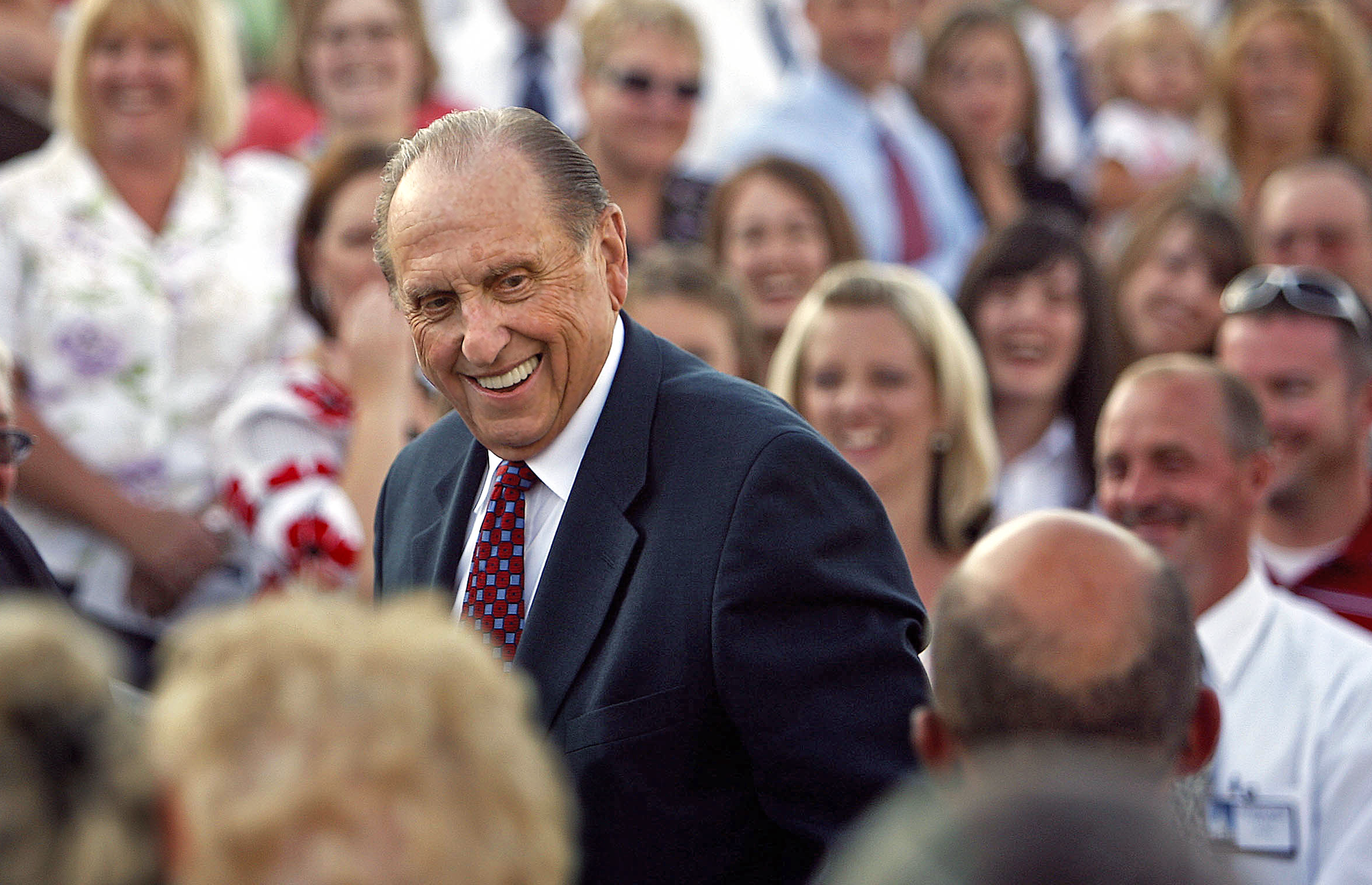Thomas S. Monson enjoying time with members at the cultural celebration prior to the Twin Falls Idaho Temple dedication, August 23, 2008.