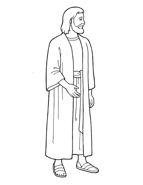 A black-and-white illustration of Jesus Christ in a robe, standing and looking to the side.