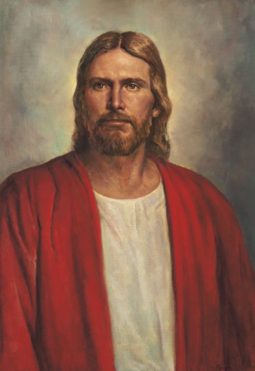 A portrait of Christ in a red robe against a gray background, looking out toward the viewer.
