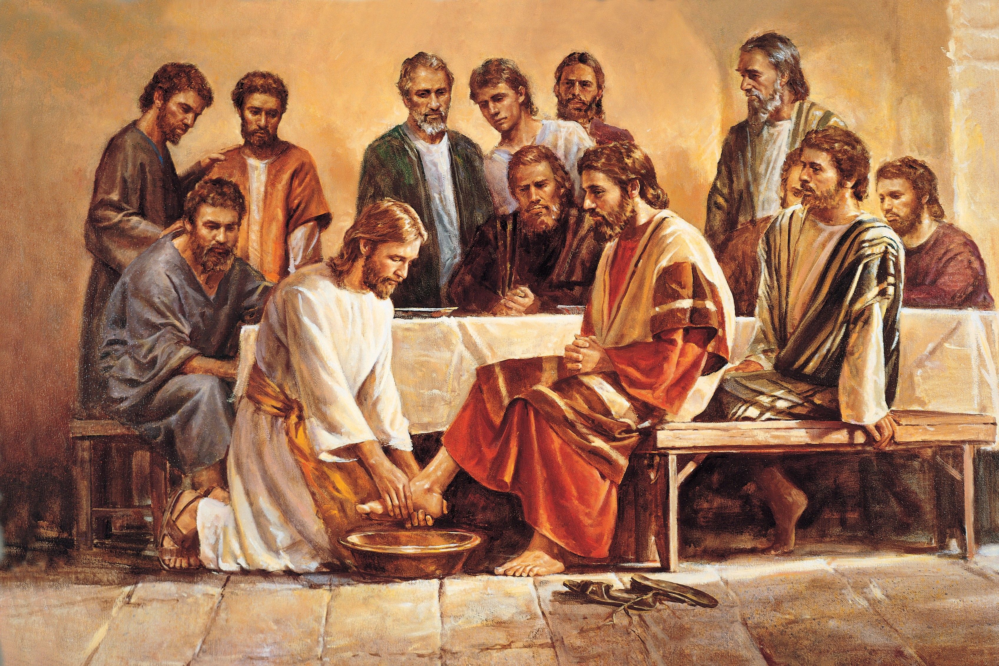 Jesus Washing the Apostles’ Feet (Jesus Washing the Feet of the Apostles), by Del Parson (62550); GAK 226; GAB 55; Primary manual 2-60; Primary manual 6-26; John 13:4–15; Joseph Smith Translation, John 13:8–10 (in the Bible appendix)