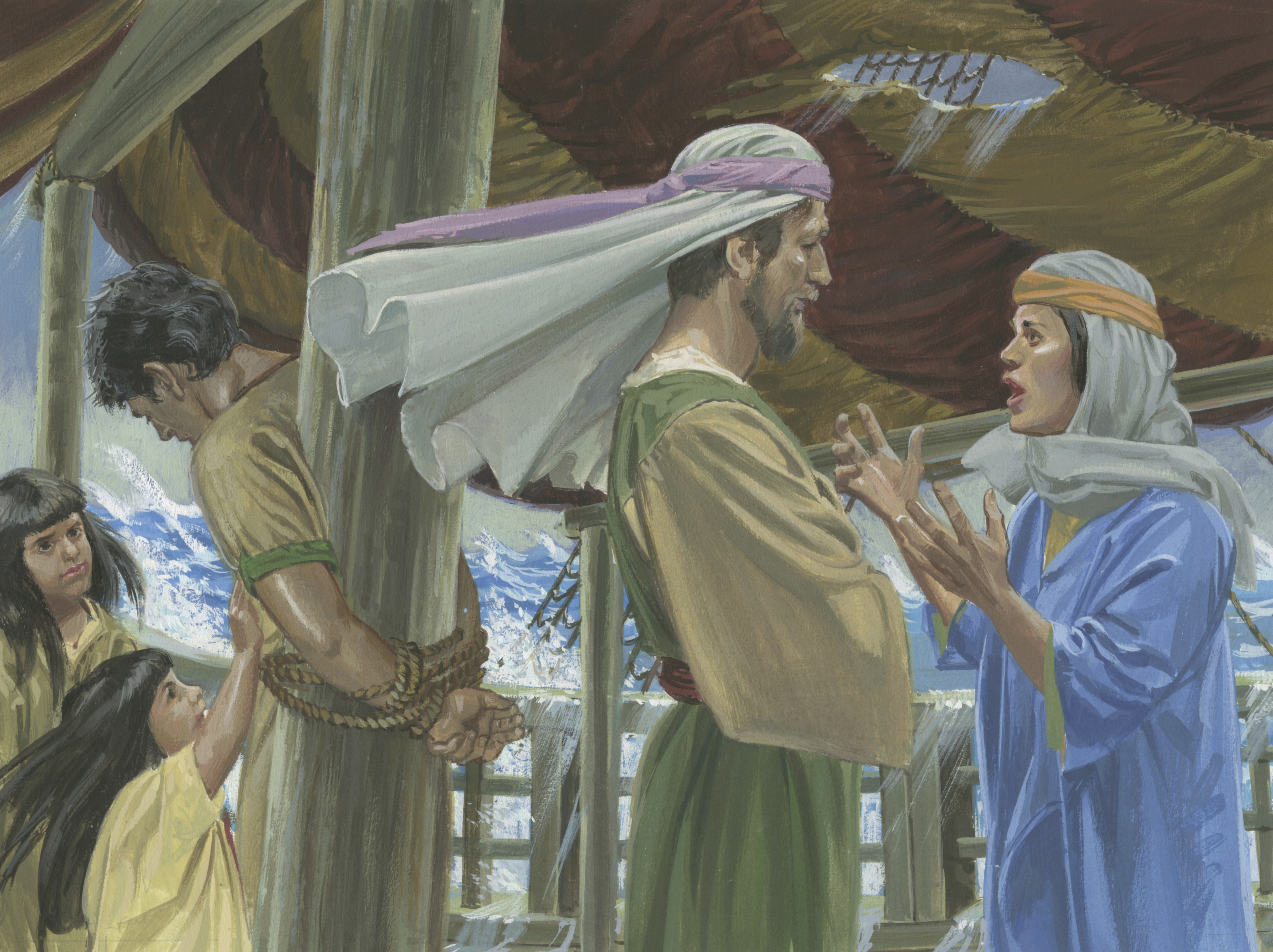 A painting by Jerry Thompson depicting Nephi tied up on the ship; Primary manual 4-19