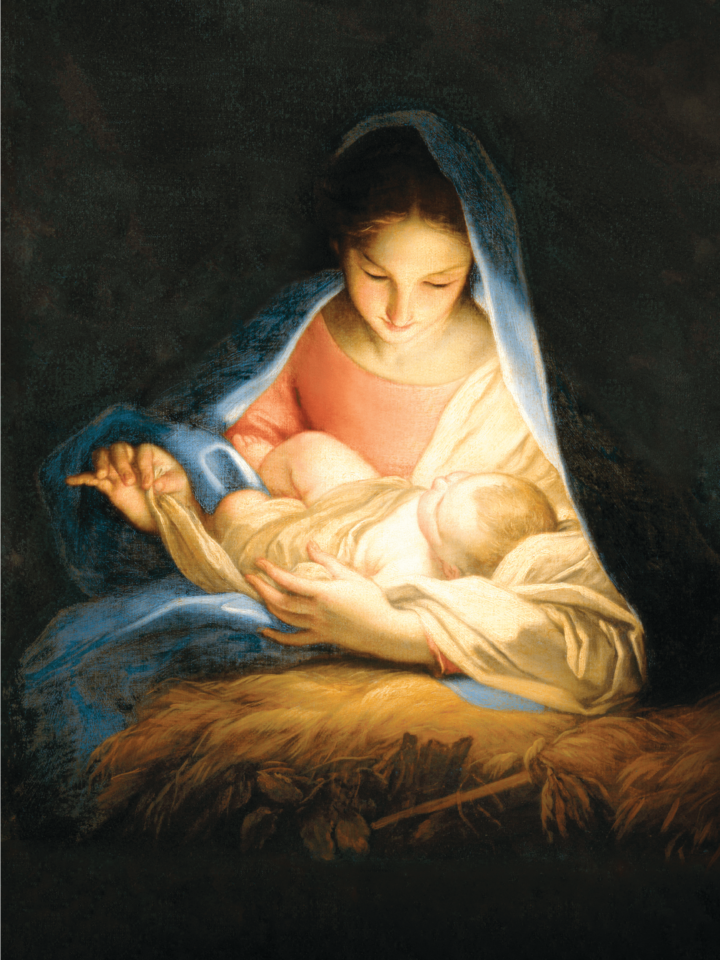 Painting of Mary, the mother of Christ, holding the infant Christ in her arms. They are sitting on a pile of hay.