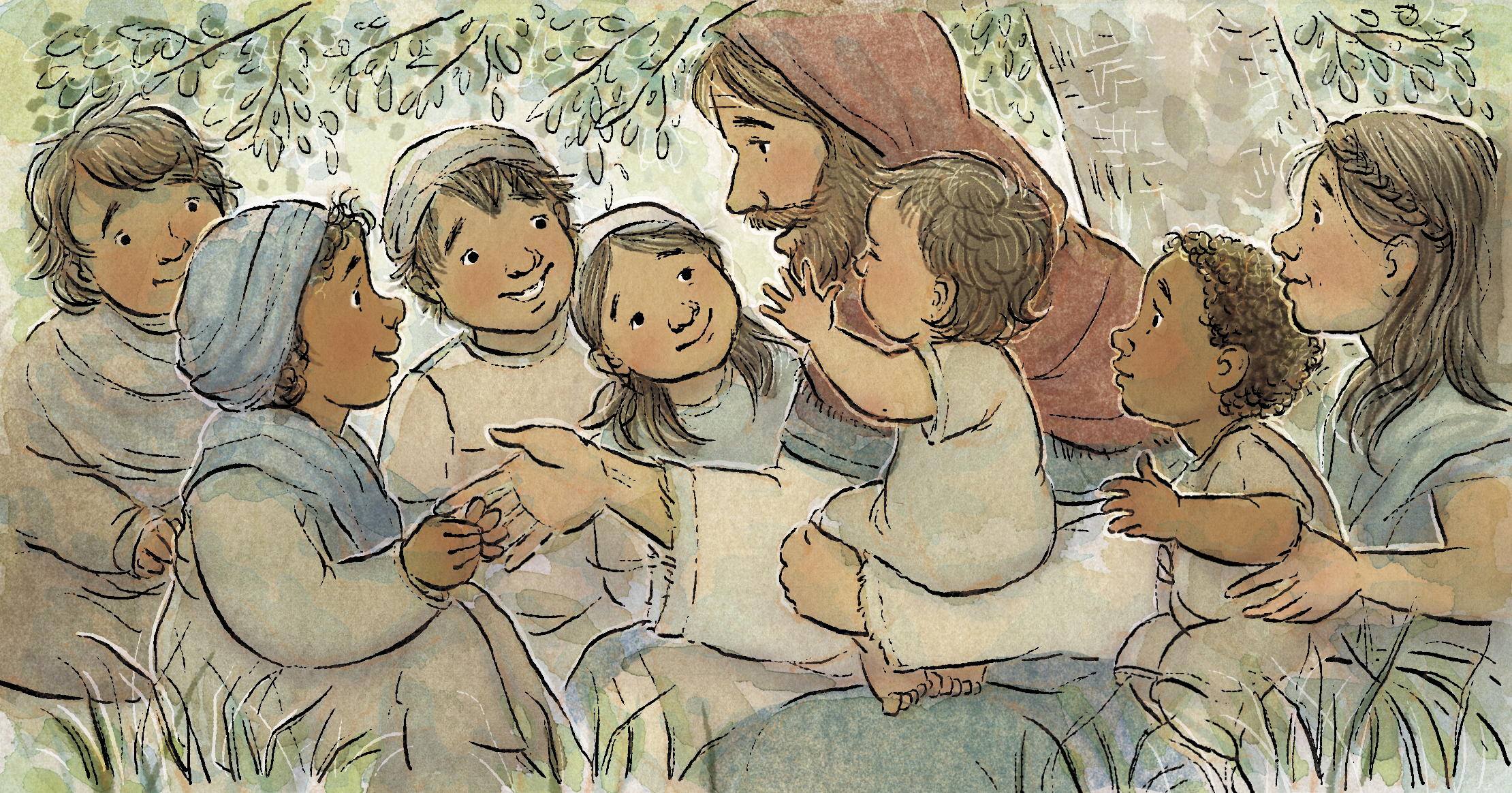 Jesus is sitting with a small child in his arms and other children surrounding him.