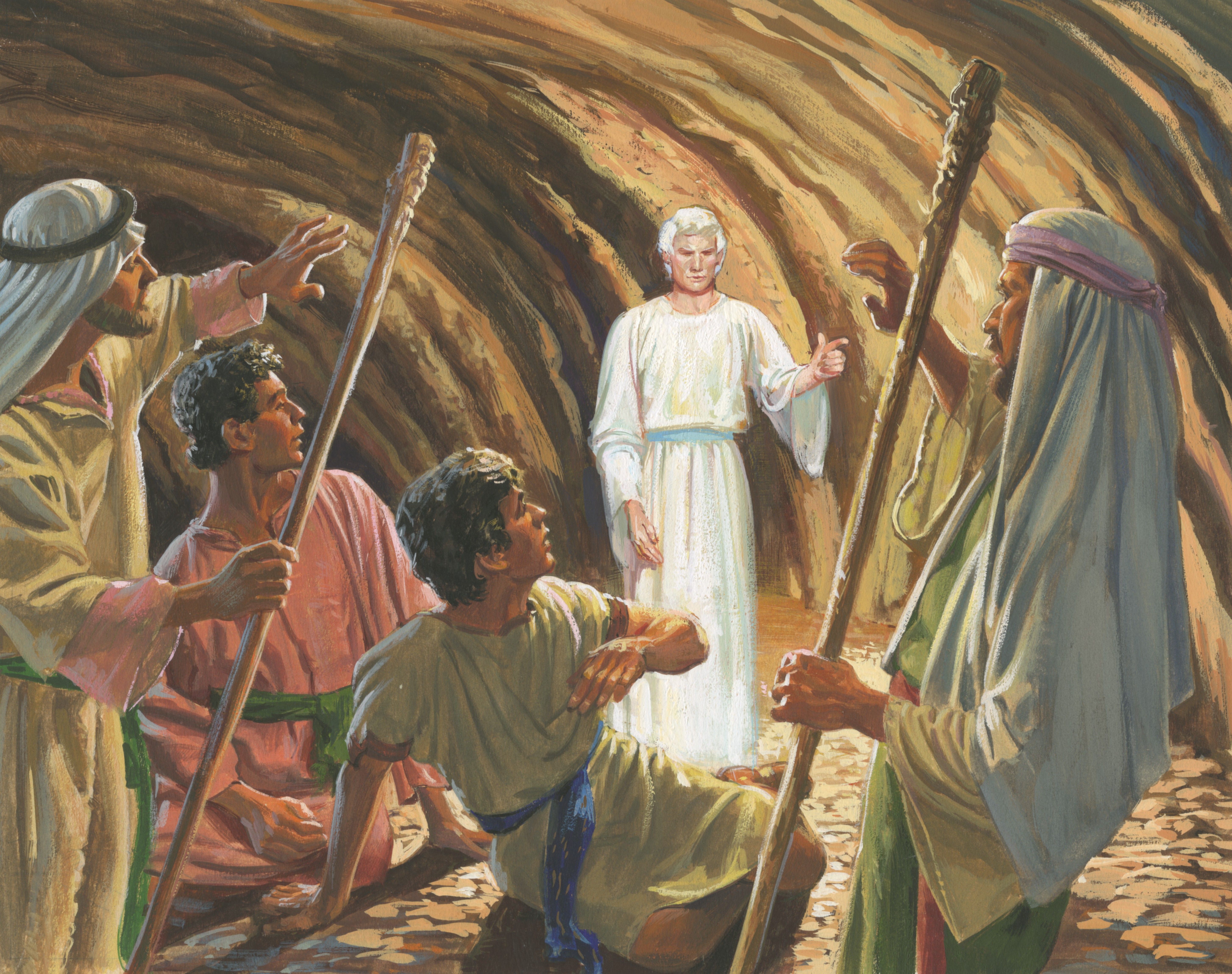 A painting by Jerry Thompson depicting an angel stopping Laman and Lemuel from beating their brothers; Primary manual 4-7