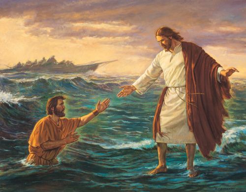 A painting by Robert T. Barrett depicting Christ in white and red robes, standing on the water and reaching out to Peter, who is sinking.