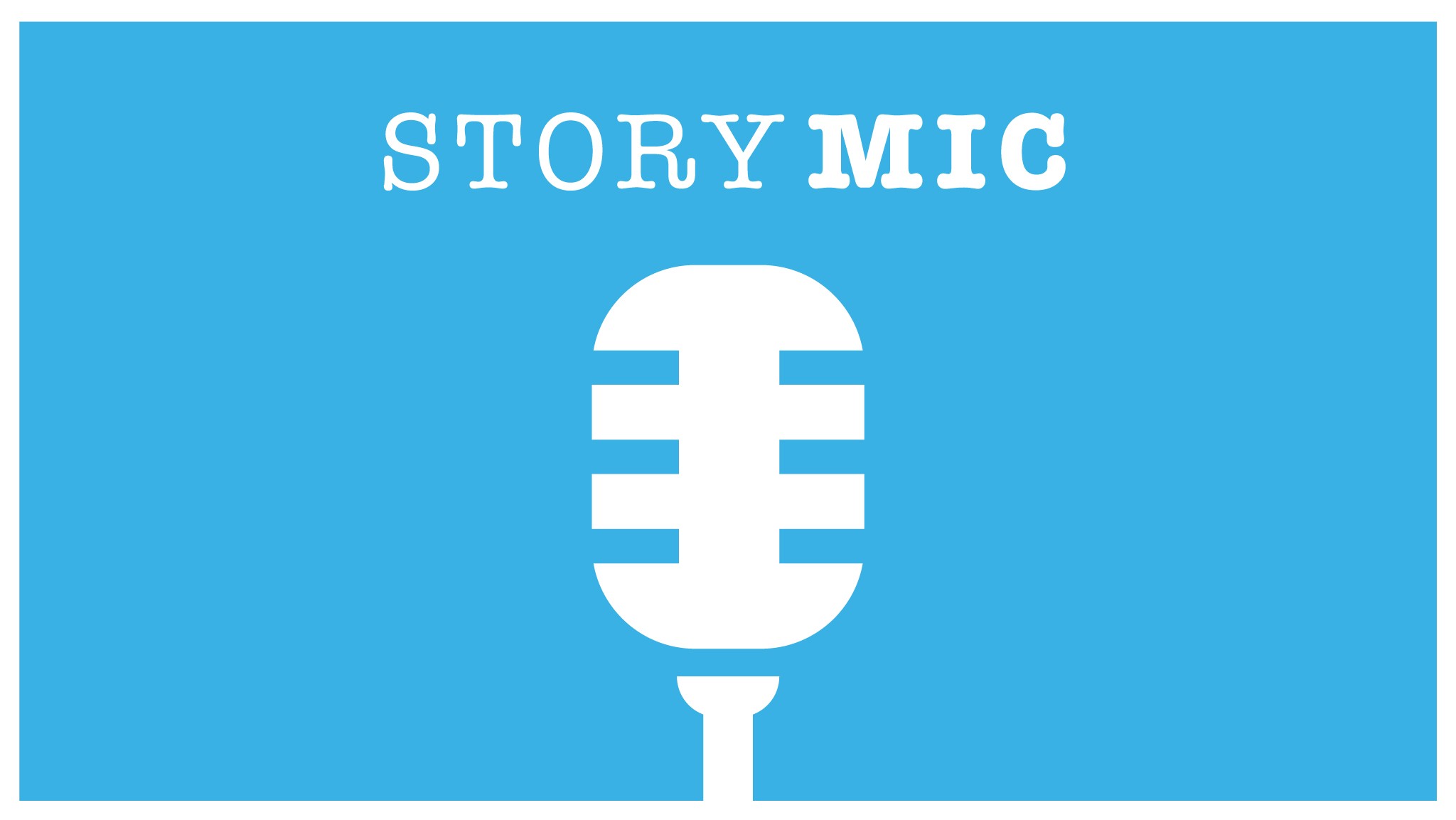 Graphic of a white microphone on a blue background.  Text above the microphone reads "Story Mic."