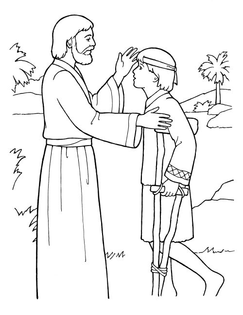 A black-and-white illustration of Jesus Christ healing a young boy who is sick and using crutches.