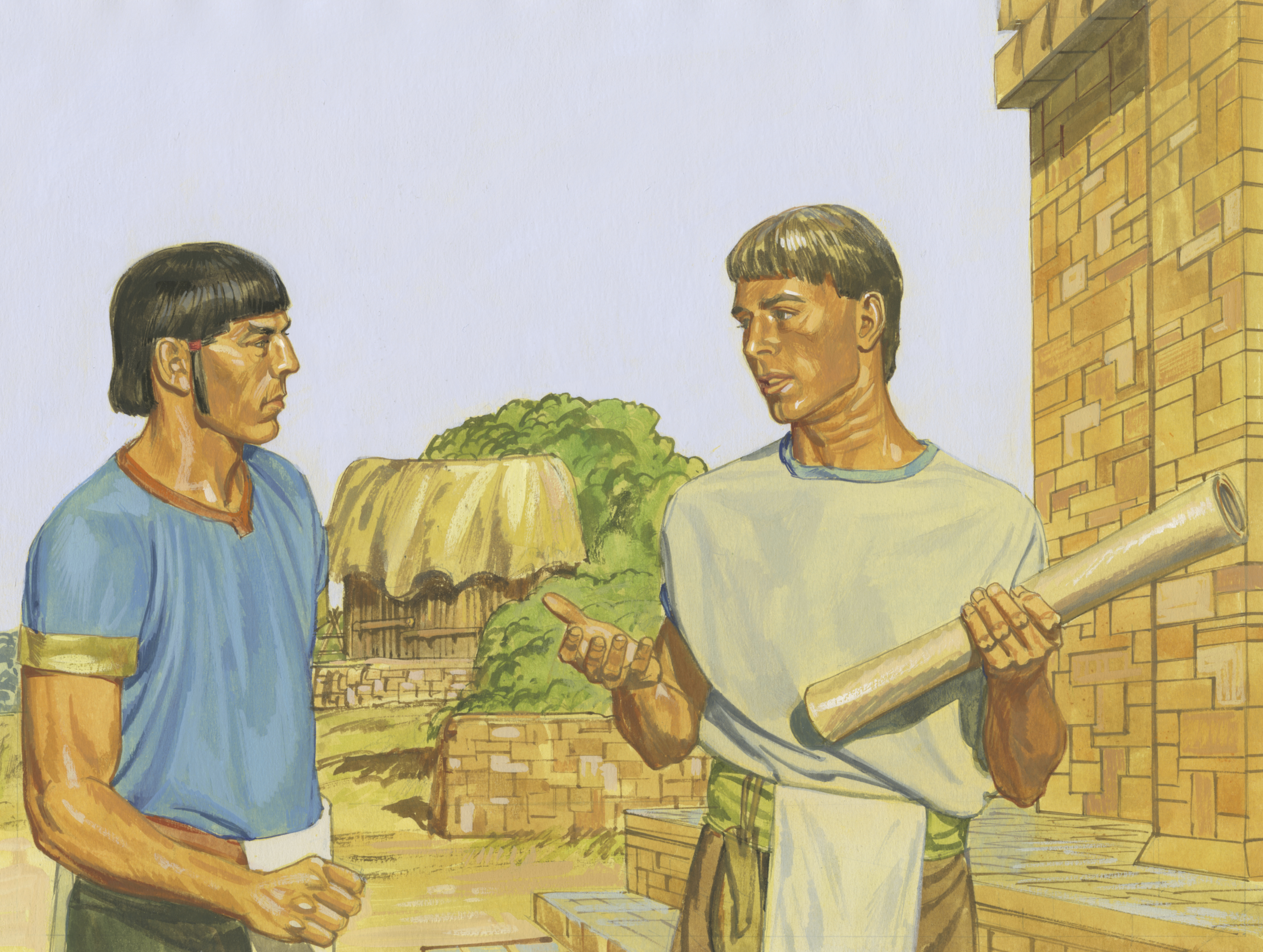 A painting by Jerry Thompson depicting Alma testifying to Korihor that there is a God; Primary manual 4-34