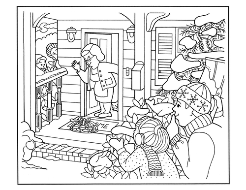 A coloring page of people hiding around a house, watching an elderly woman find a package of cookies on the porch.