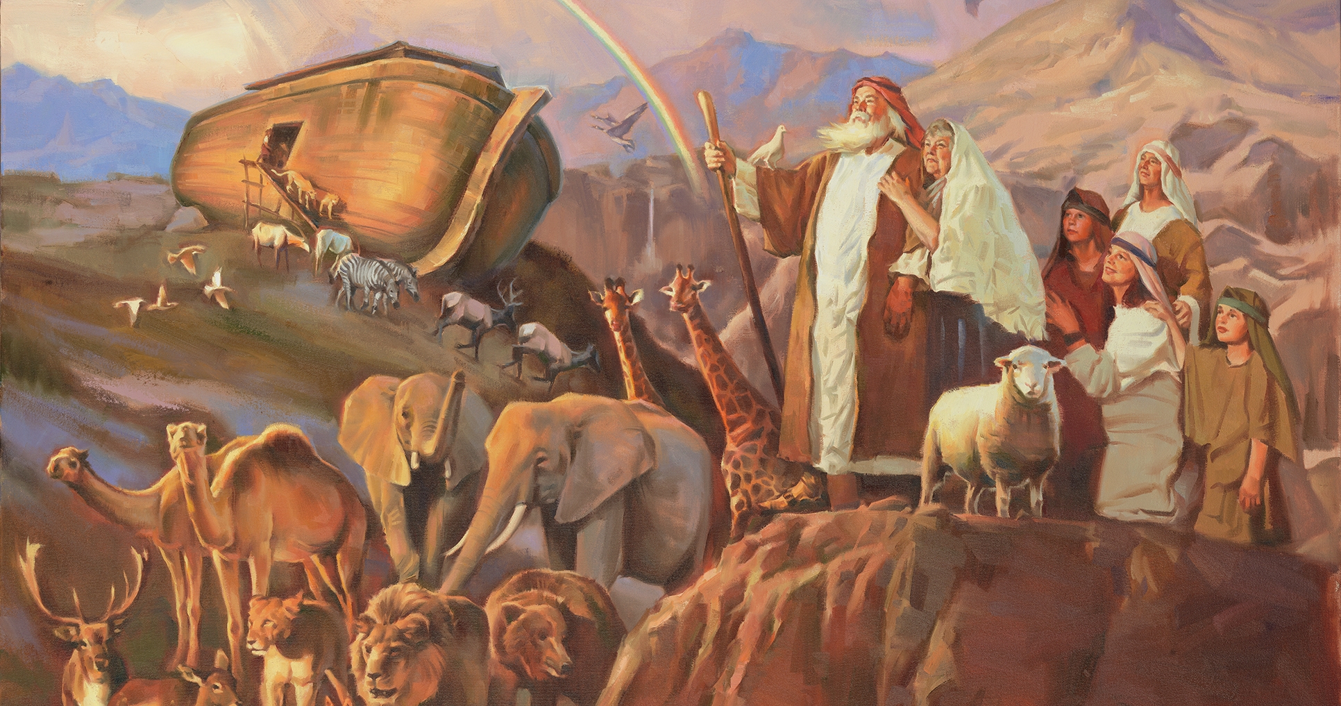 Noah and his family standing on a rock.  They are surrounded by animals who are leaving the ark.  There is a rainbow in the sky.