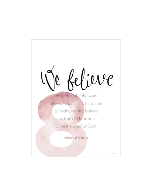 A white background with a large number 8 printed in red, paired with the words of Articles of Faith 1:8.