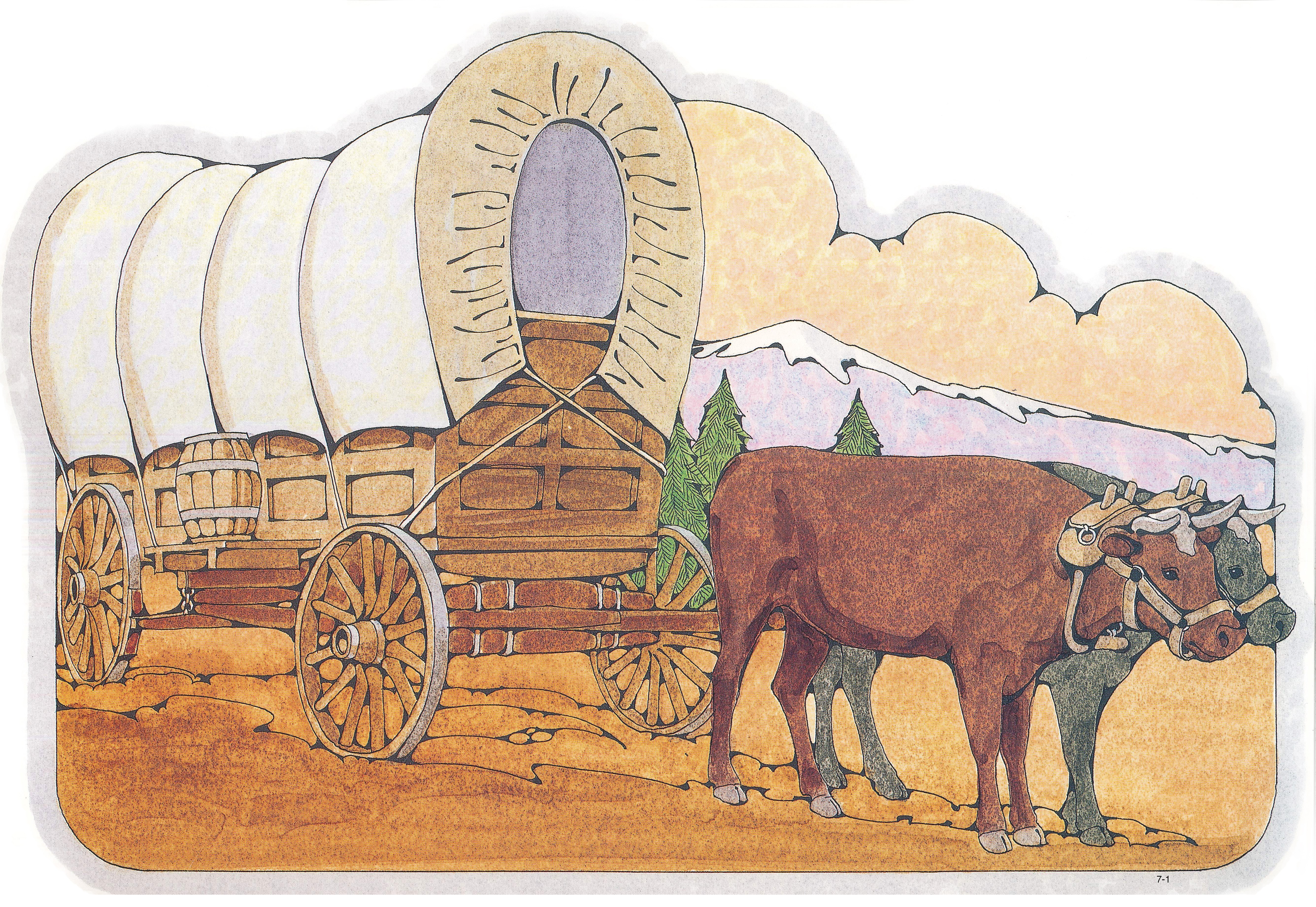 A Primary cutout of a covered wagon on a dirt trail getting pulled by black and brown oxen.