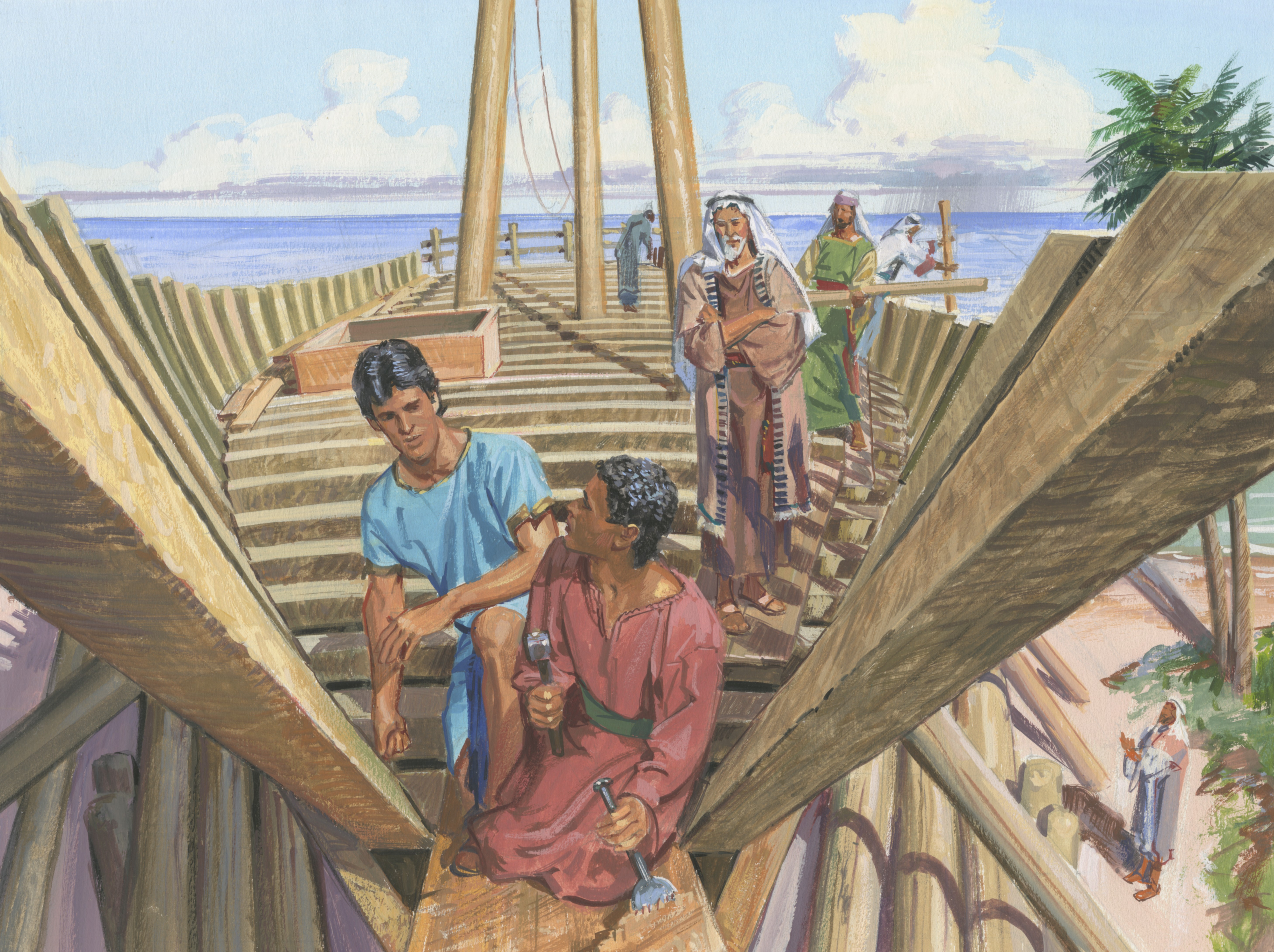 And it came to pass that they did worship the Lord, and did go forth with me; and we did work timbers of curious workmanship. And the Lord did show me from time to time after what manner I should work the timbers of the ship. 
Chapter 7-9 (1 Nephi 18:1)