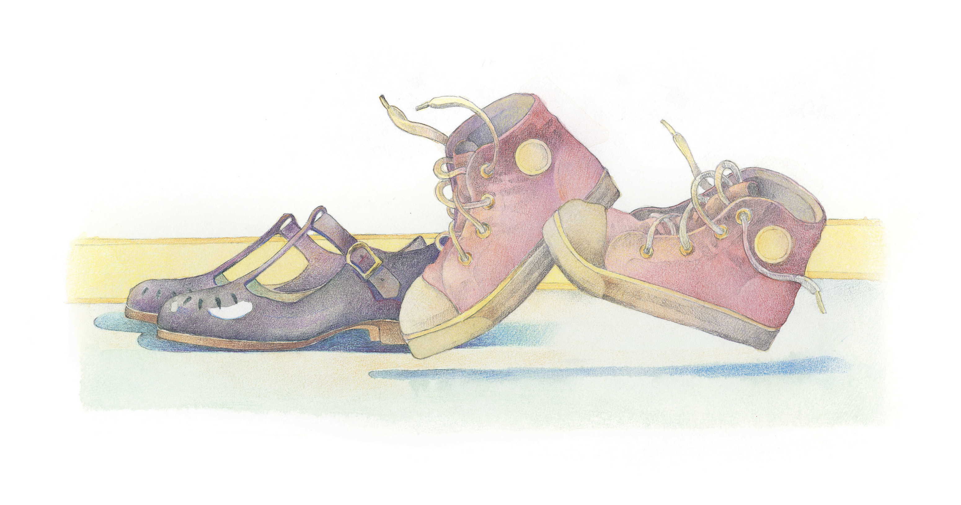 Two pairs of children’s shoes. From the Children’s Songbook, page 270, “Two Happy Feet”; watercolor illustration by Richard Hull.