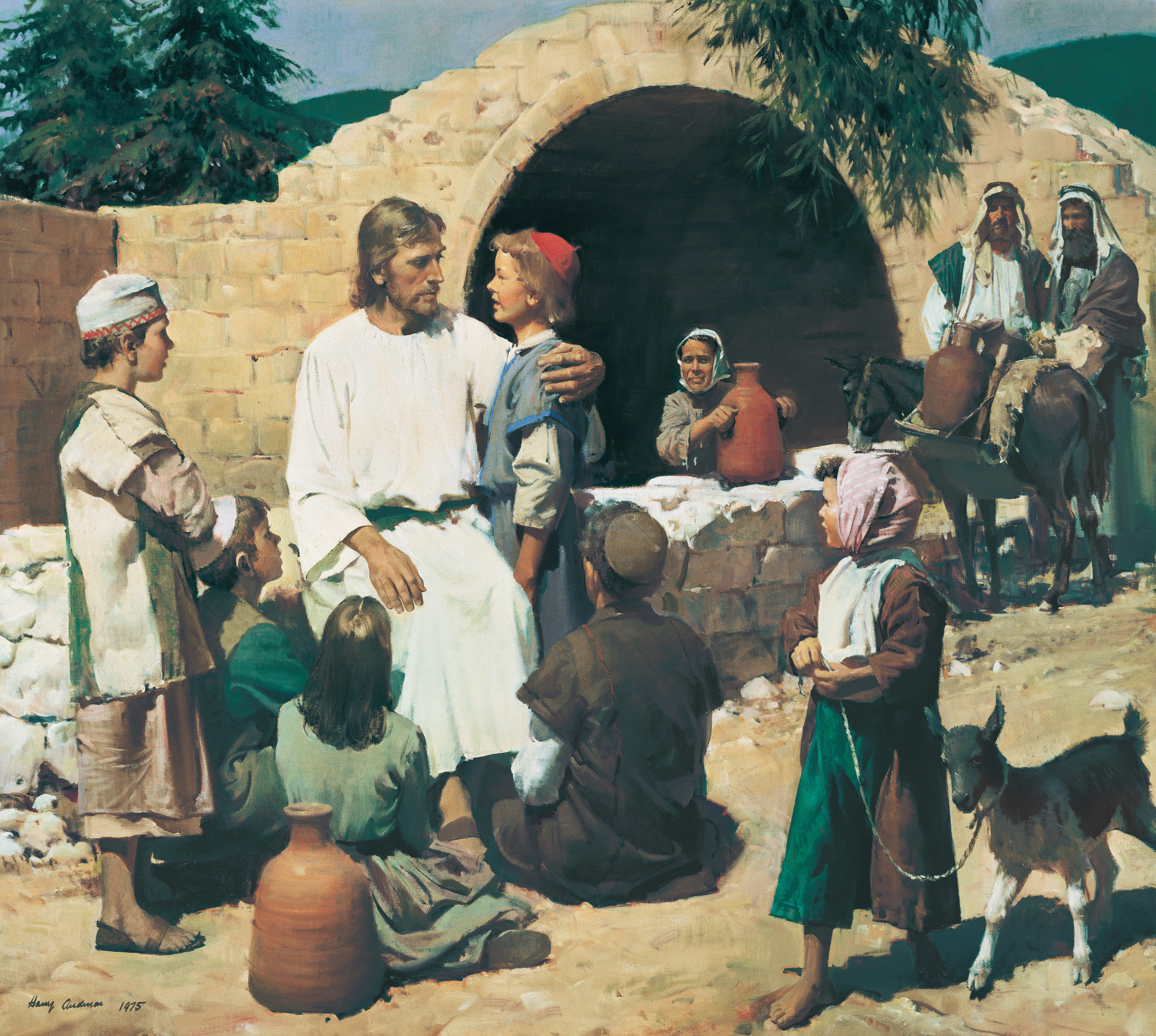 Christ sitting on a stone wall with His arm around a boy while five other children gather around.