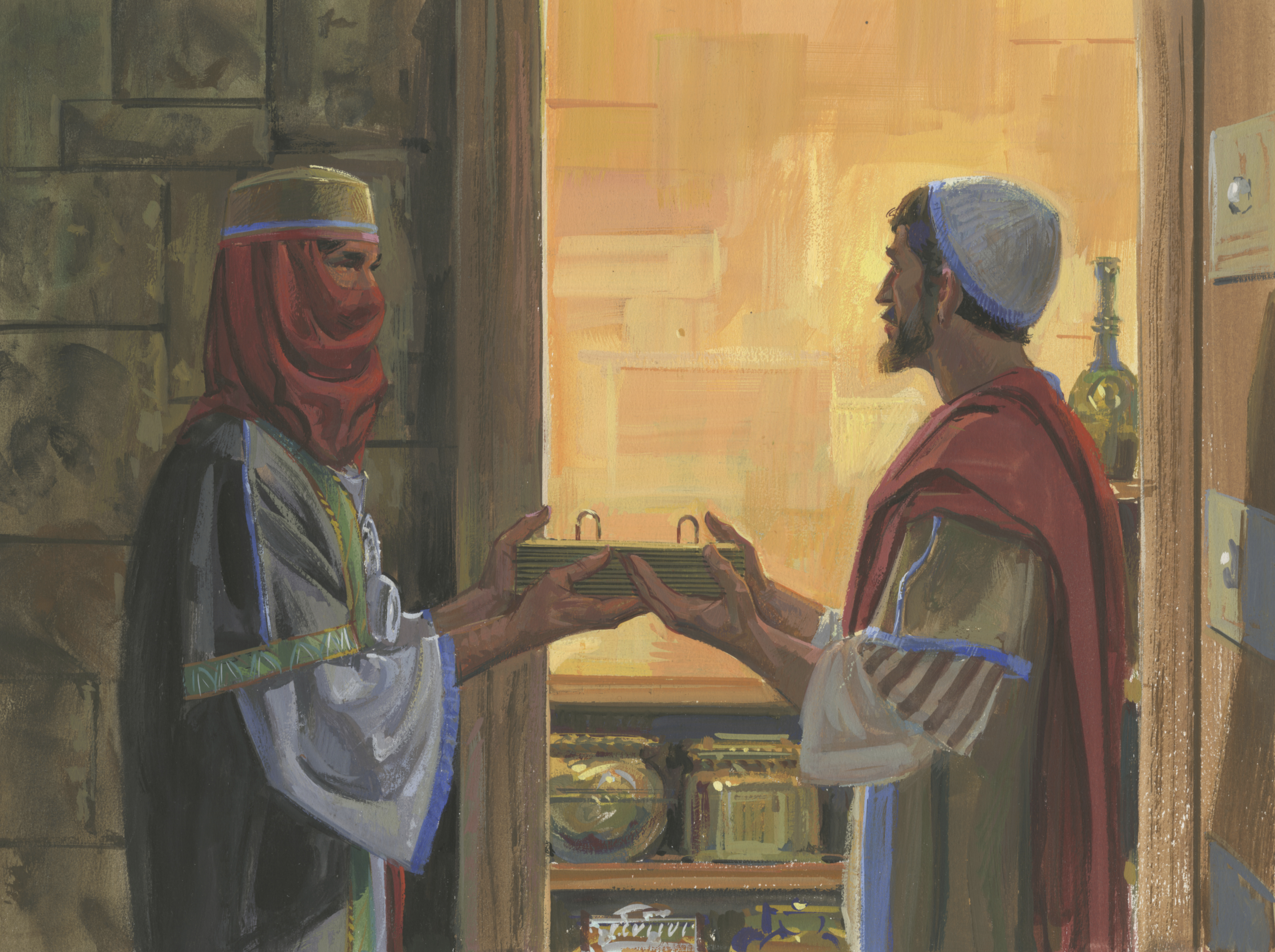 A painting by Jerry Thompson depicting Nephi and Zoram talking; Primary manual 3-43