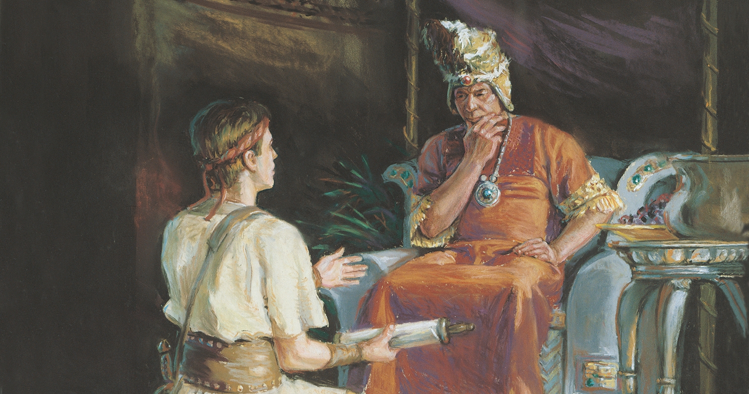 Ammon talking to King Lamoni who sits on a throne.