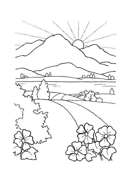 A black-and-white illustration of the sun rising over the mountains near a beautiful landscape with rolling hills and trees.