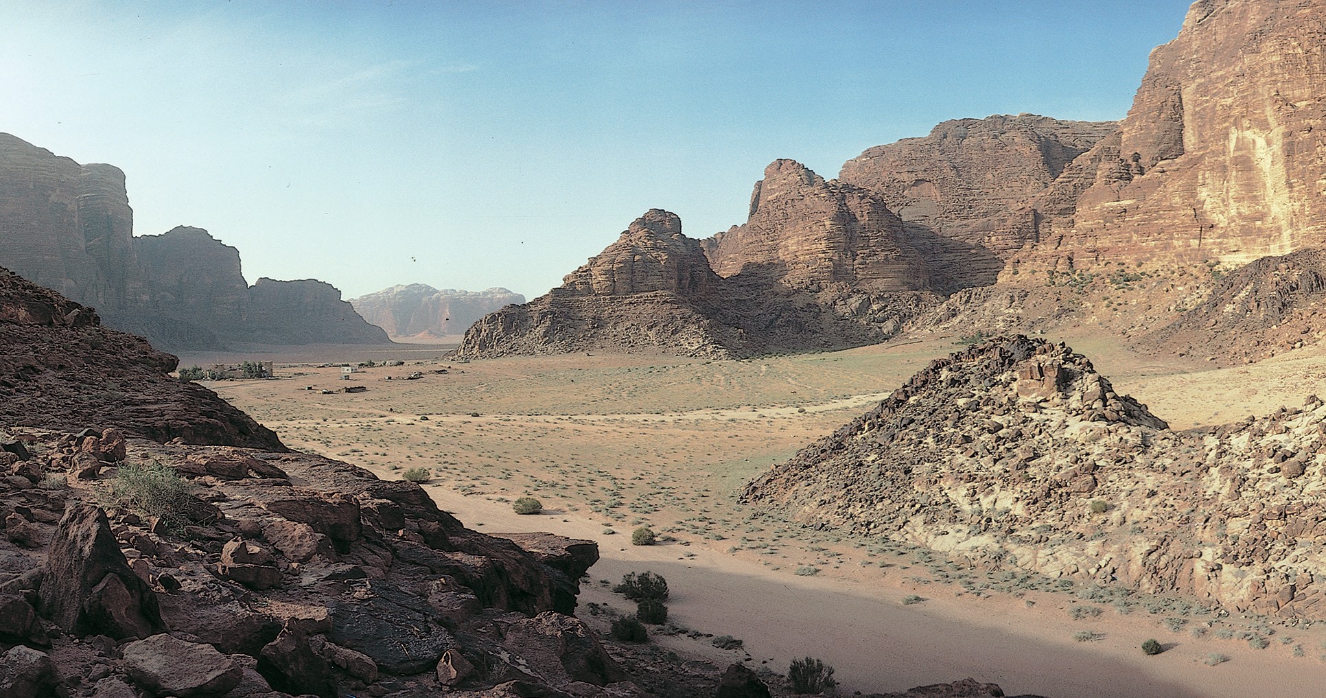 The Wadi Rum looking toward the south. The Wadi is located 30 miles north-east of Aqabah and 190 miles south of Amman, Jordan.