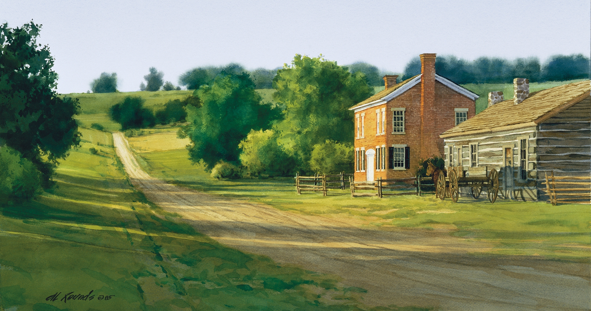 Painting depicts the land where the temple is to be built in Independence, and the courthouse where Joseph Smith bought the property.