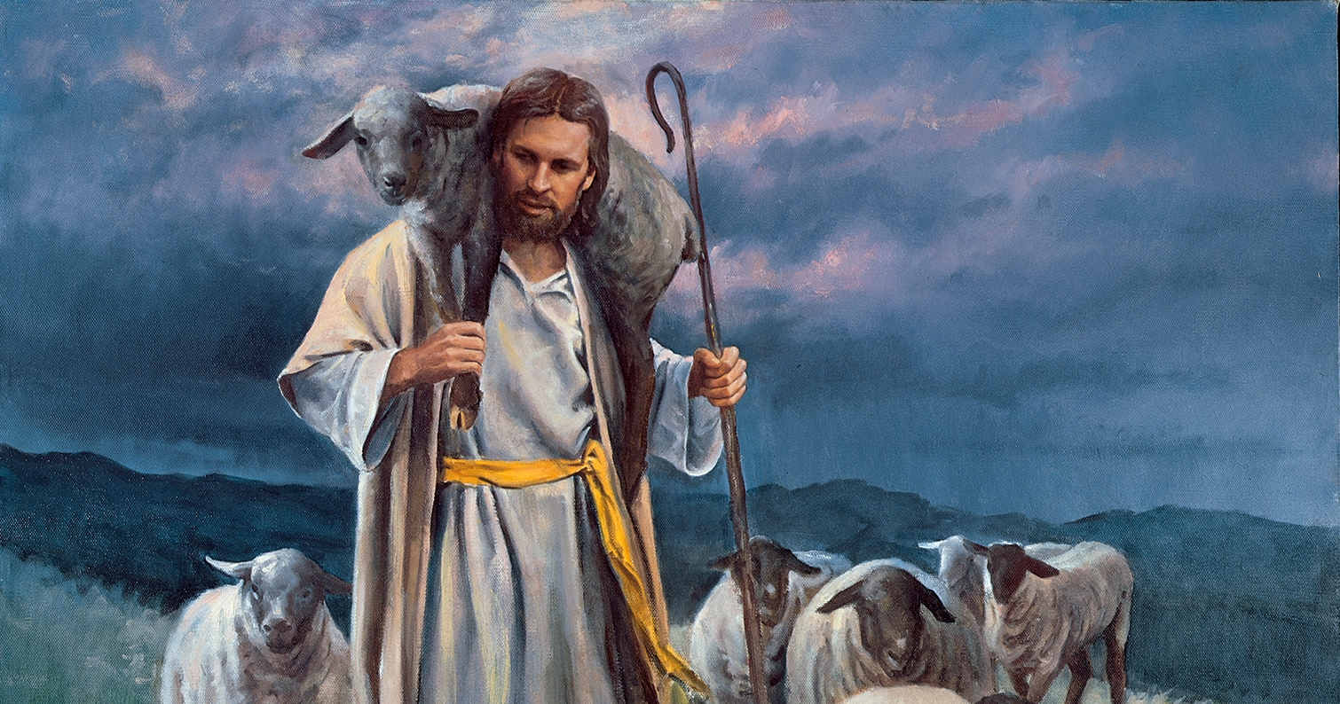 Jesus Christ depicted as the Good Shepherd. Christ is portrayed with a small herd of sheep. He is carrying a sheep (or lamb) over His shoulders. Christ is also carrying a staff in His hands.