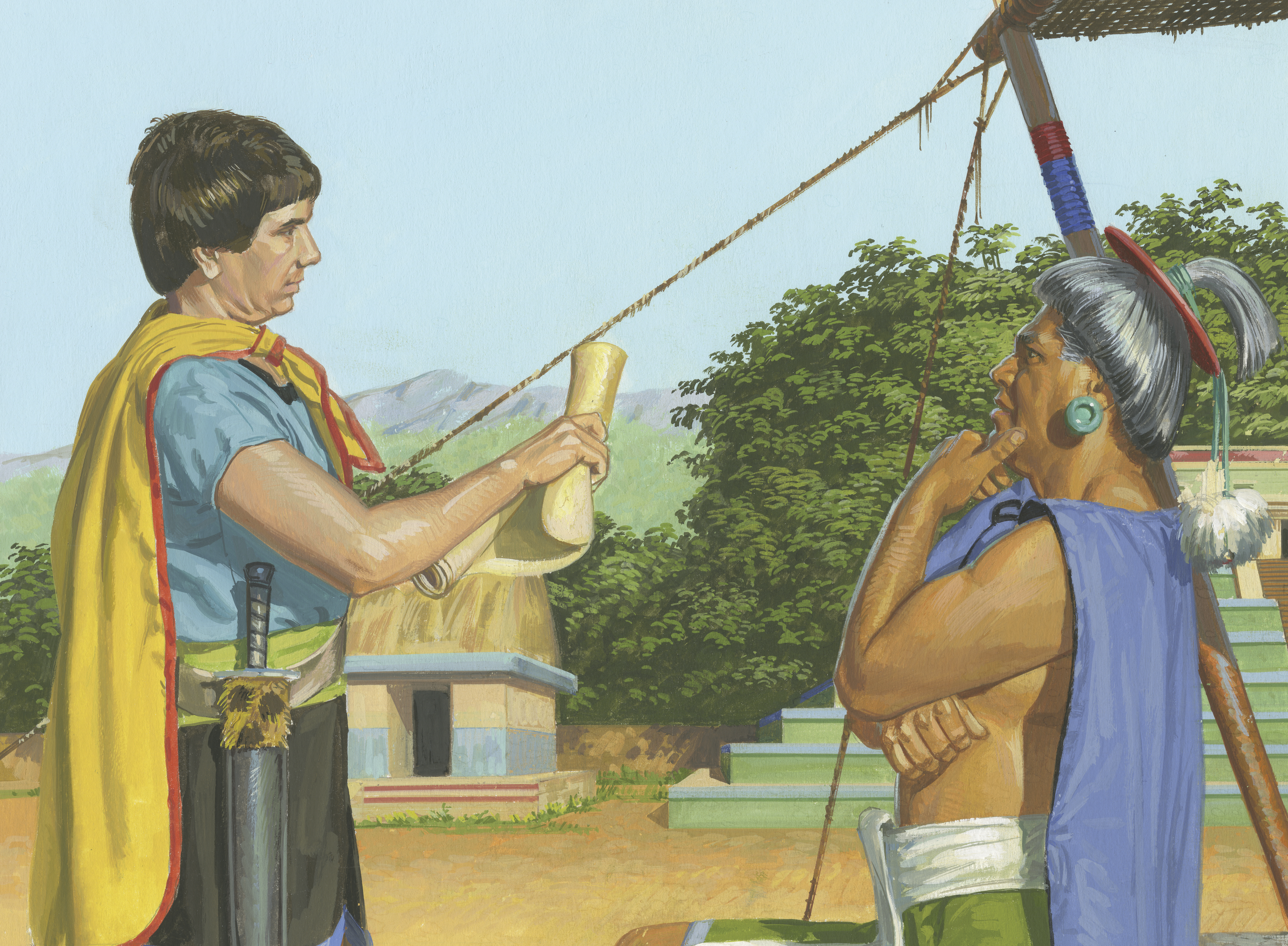 A painting by Jerry Thompson depicting Aaron reading the scriptures to Lamoni’s father; Primary manual 4-32