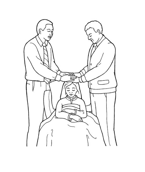 A black-and-white illustration of two men giving a priesthood blessing to a young girl who is sick and sitting in her bed.
