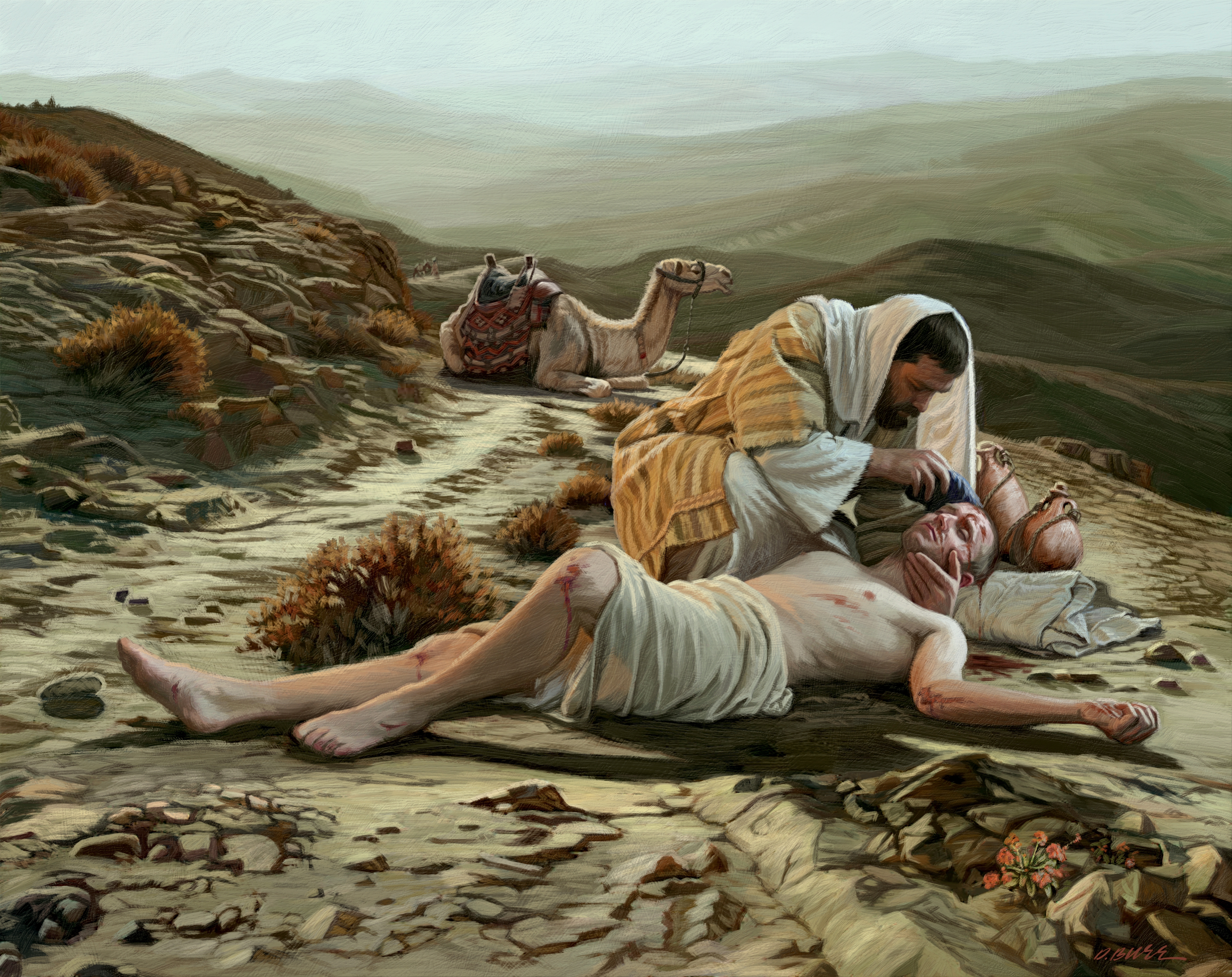 A painting of the good Samaritan helping a wounded man on the road.