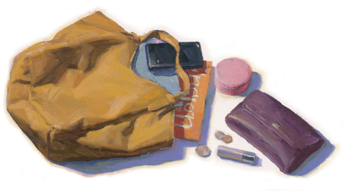 Illustration depicting an open purse and its scattered contents.