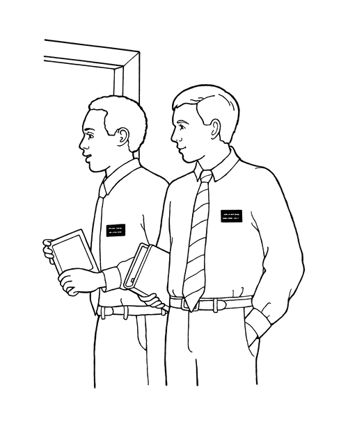 A black-and-white illustration of two young male missionaries, with books in hand, knocking on a door.