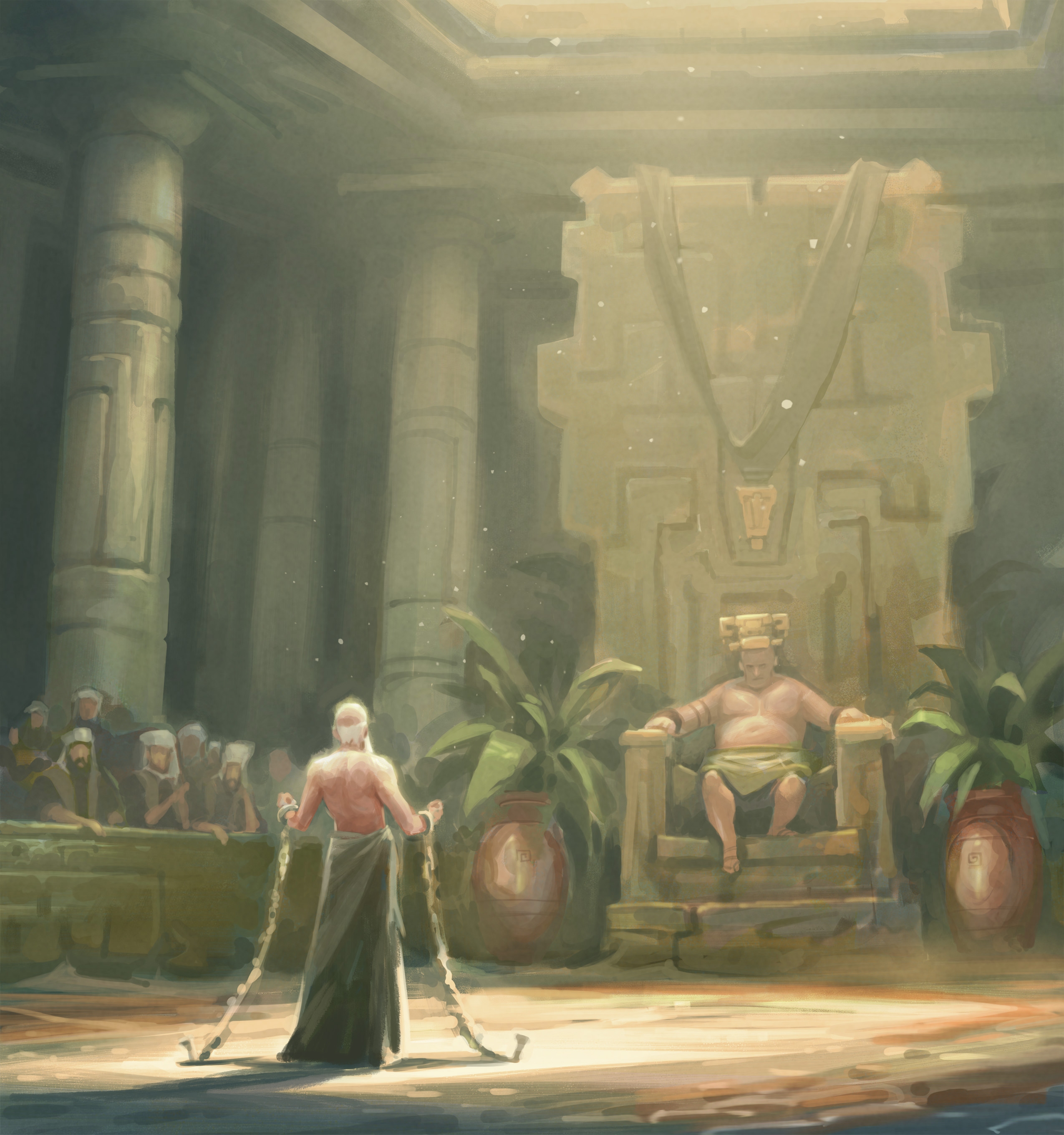 A painting by Andrew Bosley of a chained Abinadi calling a pompous King Noah and his priests to repentance.
