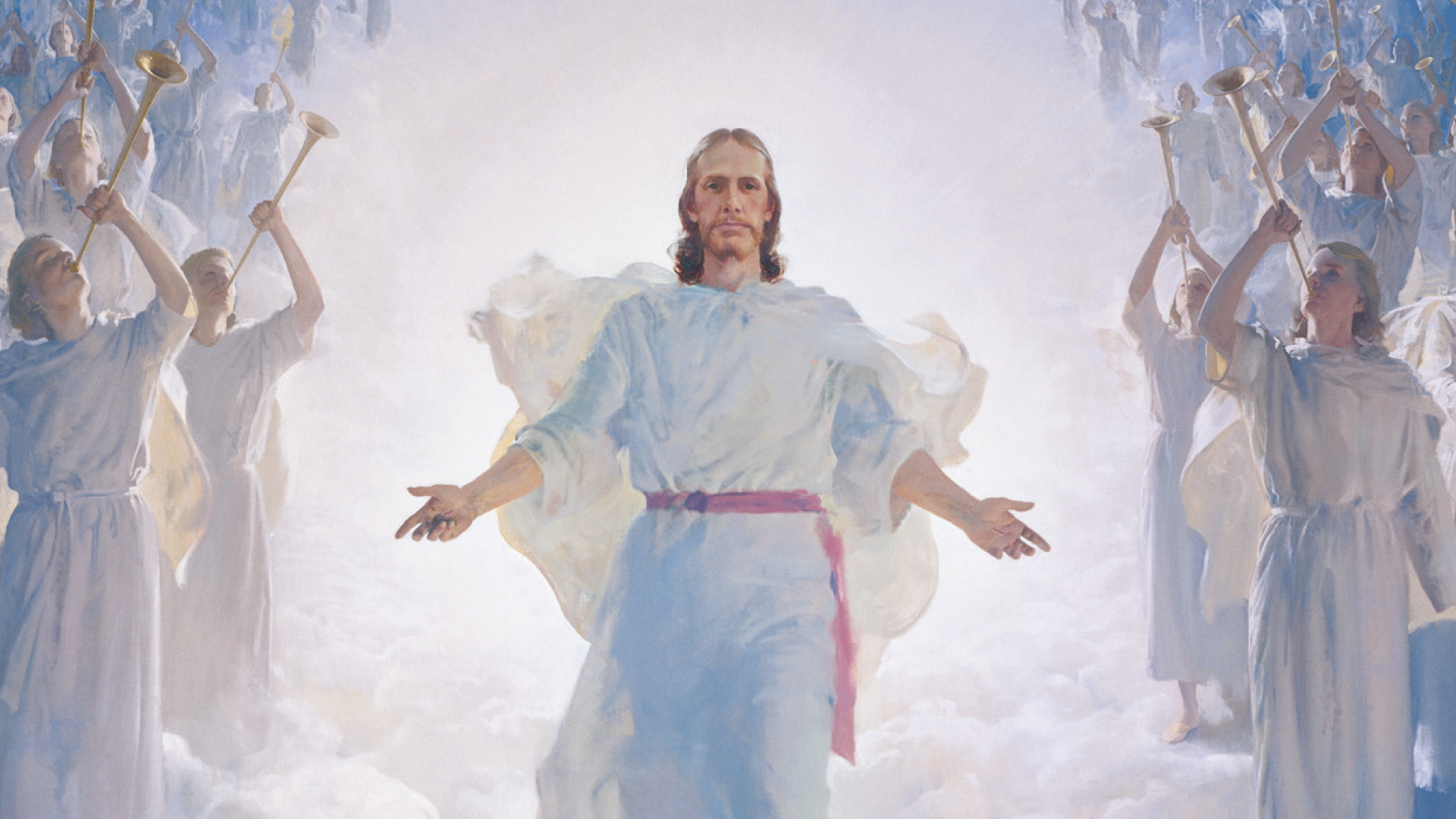 Slide for Chad H. Webb's S&I Broadcast material. The resurrected Jesus Christ (wearing white robes with a magenta sash) standing above a large gathering of clouds. Christ has His arms partially extended. The wounds in the hands of Christ are visible. Numerous angels (each blowing a trumpet) are gathered on both sides of Christ. A desert landscape is visible below the clouds. The painting depicts the Second coming of Christ. (Acts 1:11)