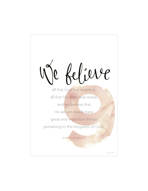 A white background with a large number 9 printed in red, paired with the words of Articles of Faith 1:9.