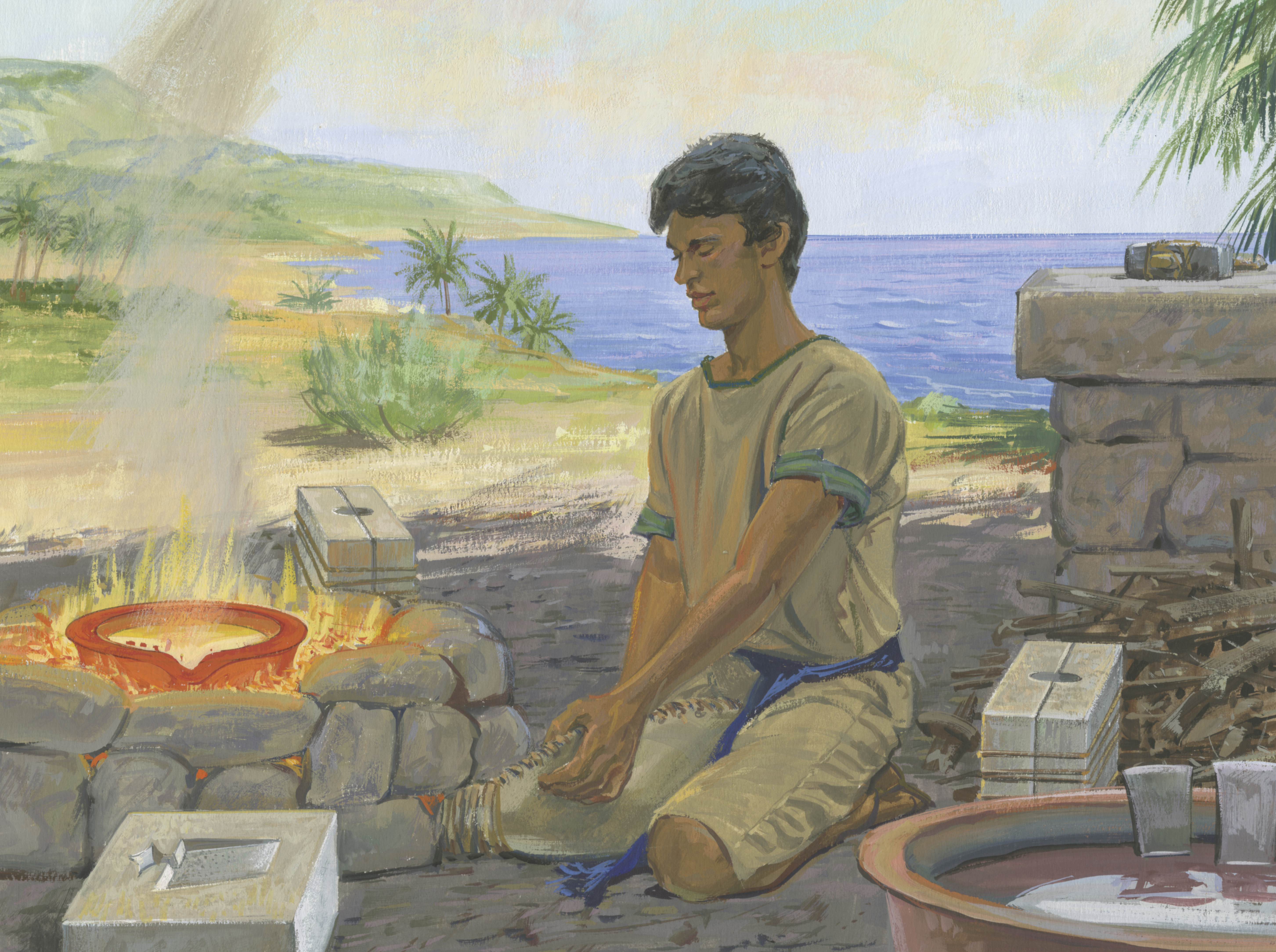 A painting by Jerry Thompson depicting Nephi melting ore to make tools; Primary manual 4-17