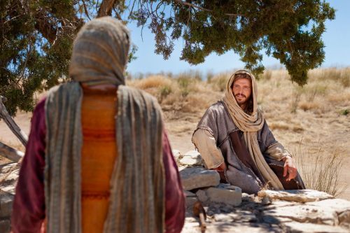 John 4:5–29, Jesus sits at a well when a Samaritan woman approaches