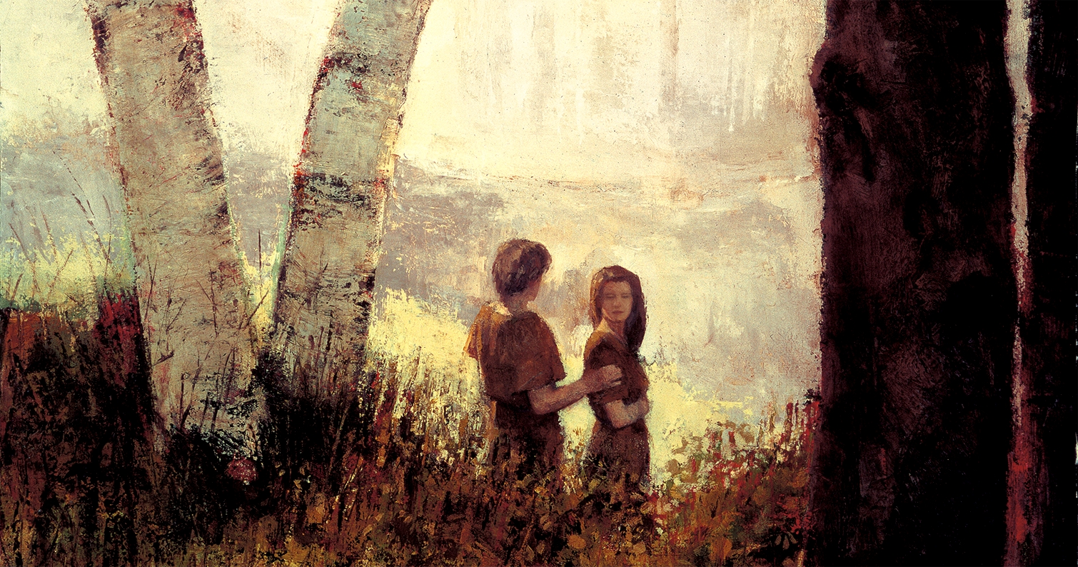 The Old Testament figures Adam and Eve walking together through a field.  There are trees growing in the field.