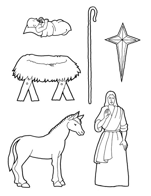 A coloring page with Nativity pieces, including the baby Jesus, the manger, a horse, a staff, the star, and an angel.